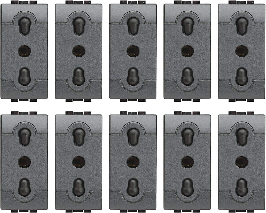 BTicino ASTL4180 Kit 10 Pezzi, Presa Bipasso Interasse 2P+T, 10/16 Ampere, Alveoli Protetti, Serie Living Light, 1 Modulo, Colore Nero