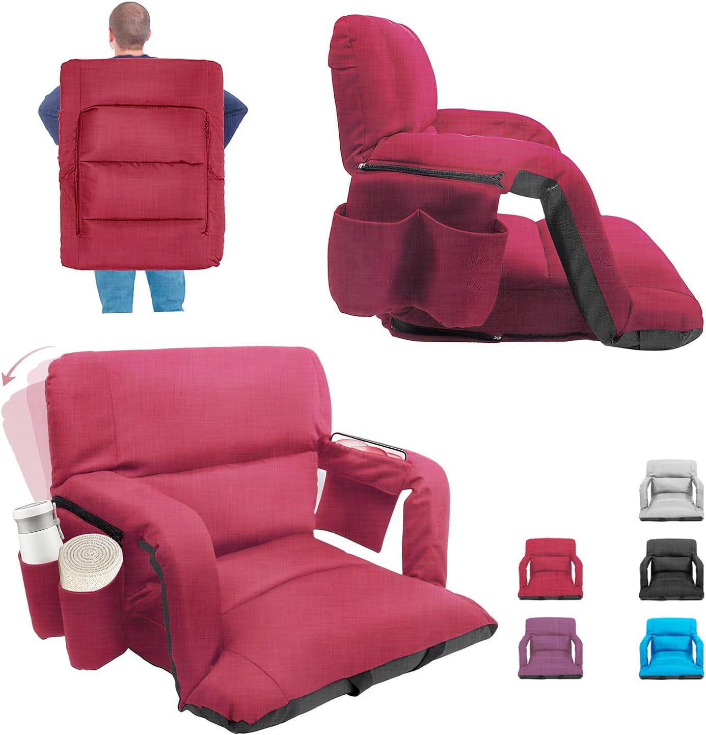 Stadium Seats with Back Support ,Wide Stadium Chairs with Back and Cushion, Sofa Style Stadium Seats, 6 Reclining Positions, Extra Thick Bleacher Seat for Sports Events ( Red-1 Pack , Wide|25")