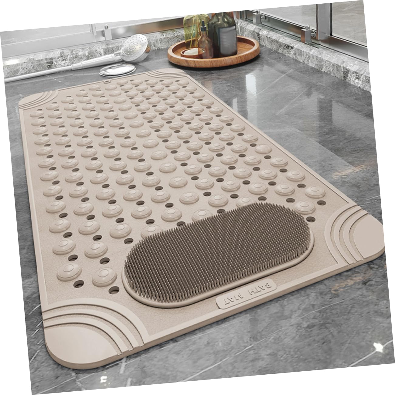 Hemobllo Alfombrilla Antideslizante Para Ducha 36x70 Cm Color Beige, Goma Resistente Con Ventosas, Masaje y Exfoliación De Pies, Soporte Para Baño Multifuncional, Alfombrilla De Baño Segura y Práctica
