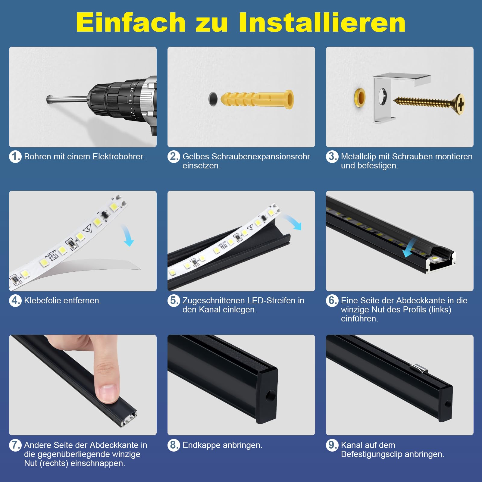 LED Aluminium Profil 12 x 1m Schwarz Abdeckung Endkappen Montageklammer für LED-Streifen