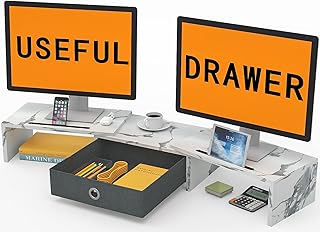 Dual Monitor Stand Riser with Drawer - 3 Shelf Screen Laptop Stands, 2 Phone Holder, Monitor Riser for Printer, PC, TV, Monitor Stands for 2 Monitors (White)