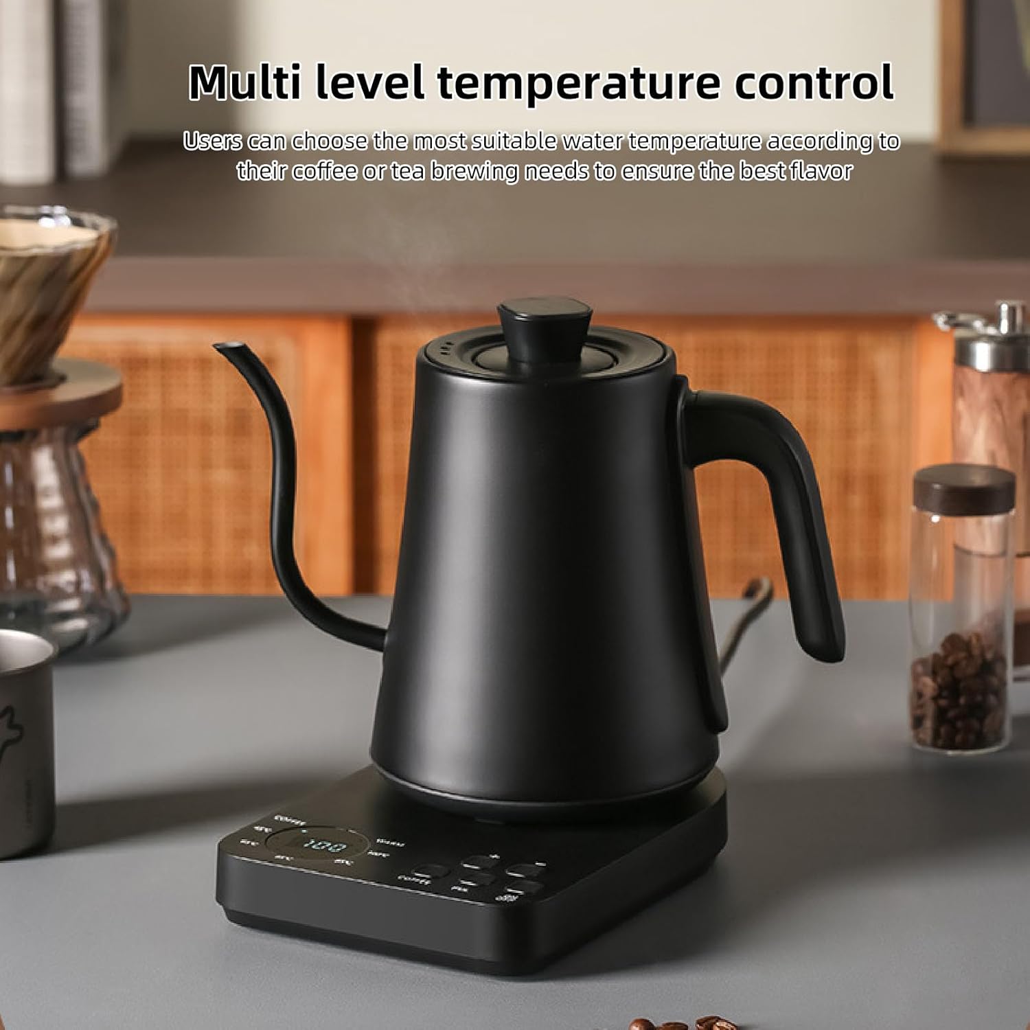 Pour Over Kettle 1200W 1000ml Gooseneck Electric Water Kettle, 5 Temperature Levels, Stainless Steel - Precise Waterflow Control, Quick Heating, Ideal for Coffee and Tea