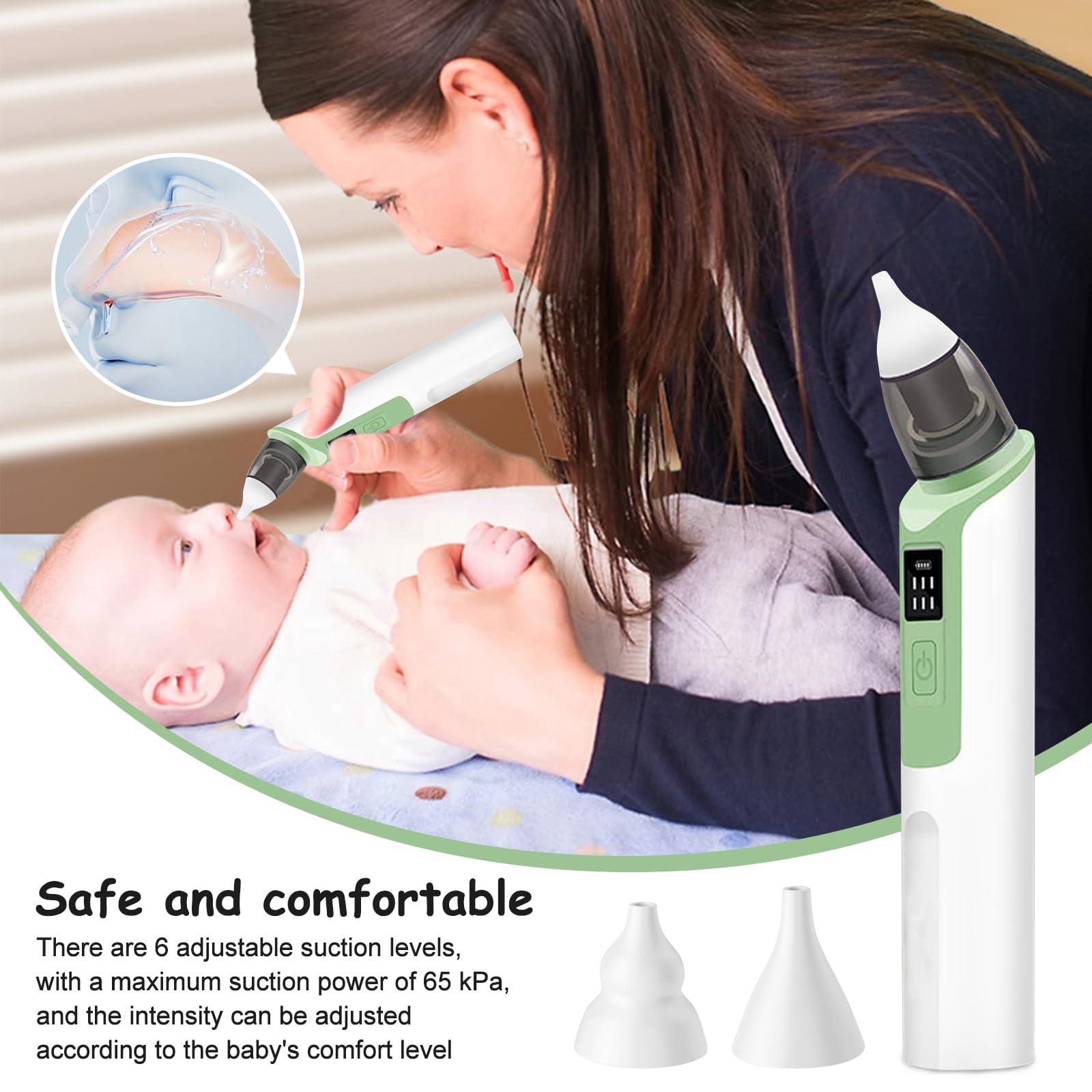 Aspiratore nasale per bambini, aspiratore nasale elettrico, aspiratore nasale, aspiratore nasale con 6 livelli di aspirazione e 2 punte in silicone ricaricabile, per neonati e bambini piccoli (verde)