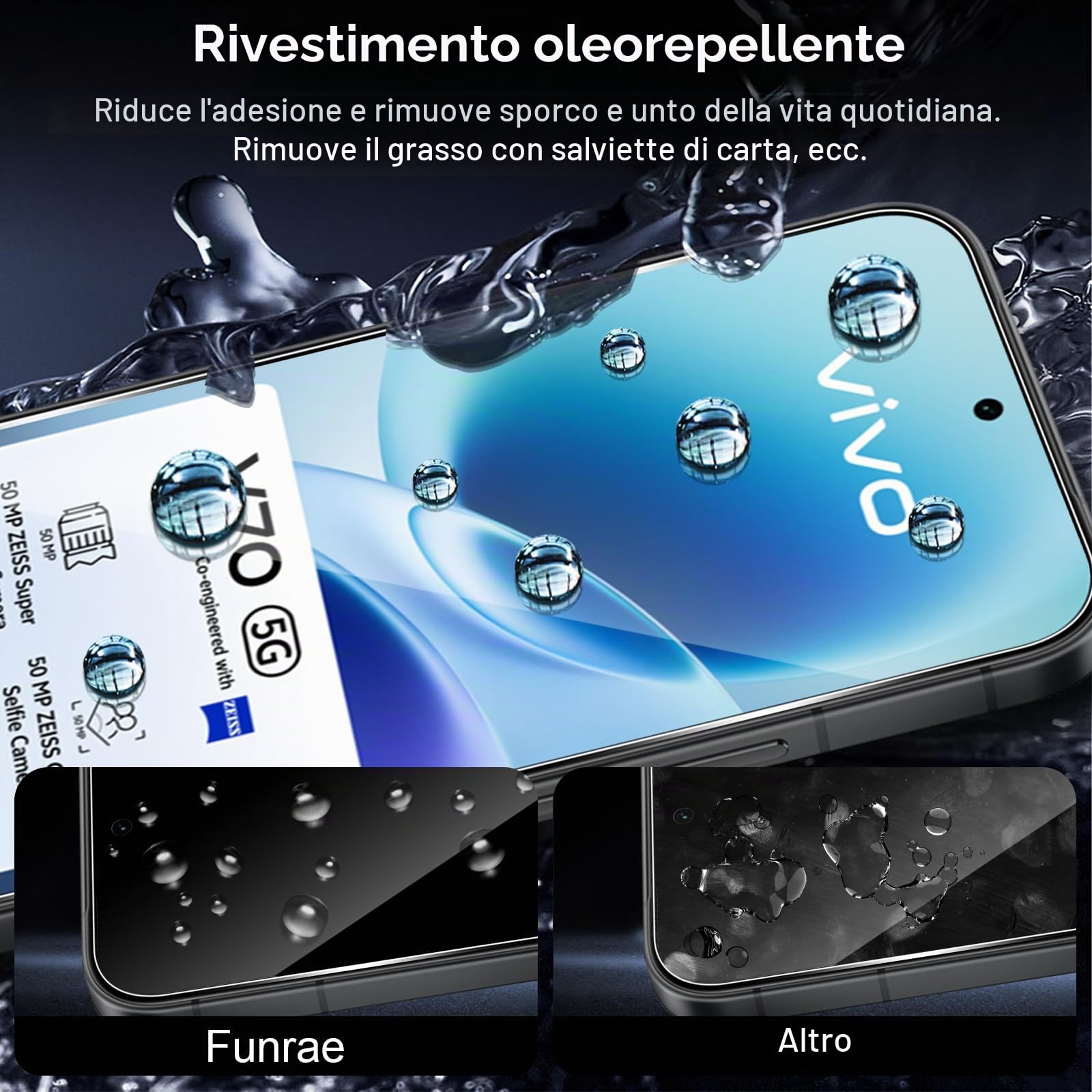 Vetro Temperato Datree Per Vivo V70 5G – 3 Pezzi Con Protezione Fotocamera, Durezza 9H, Anti-impronta, Ultra Sottile 0.3mm