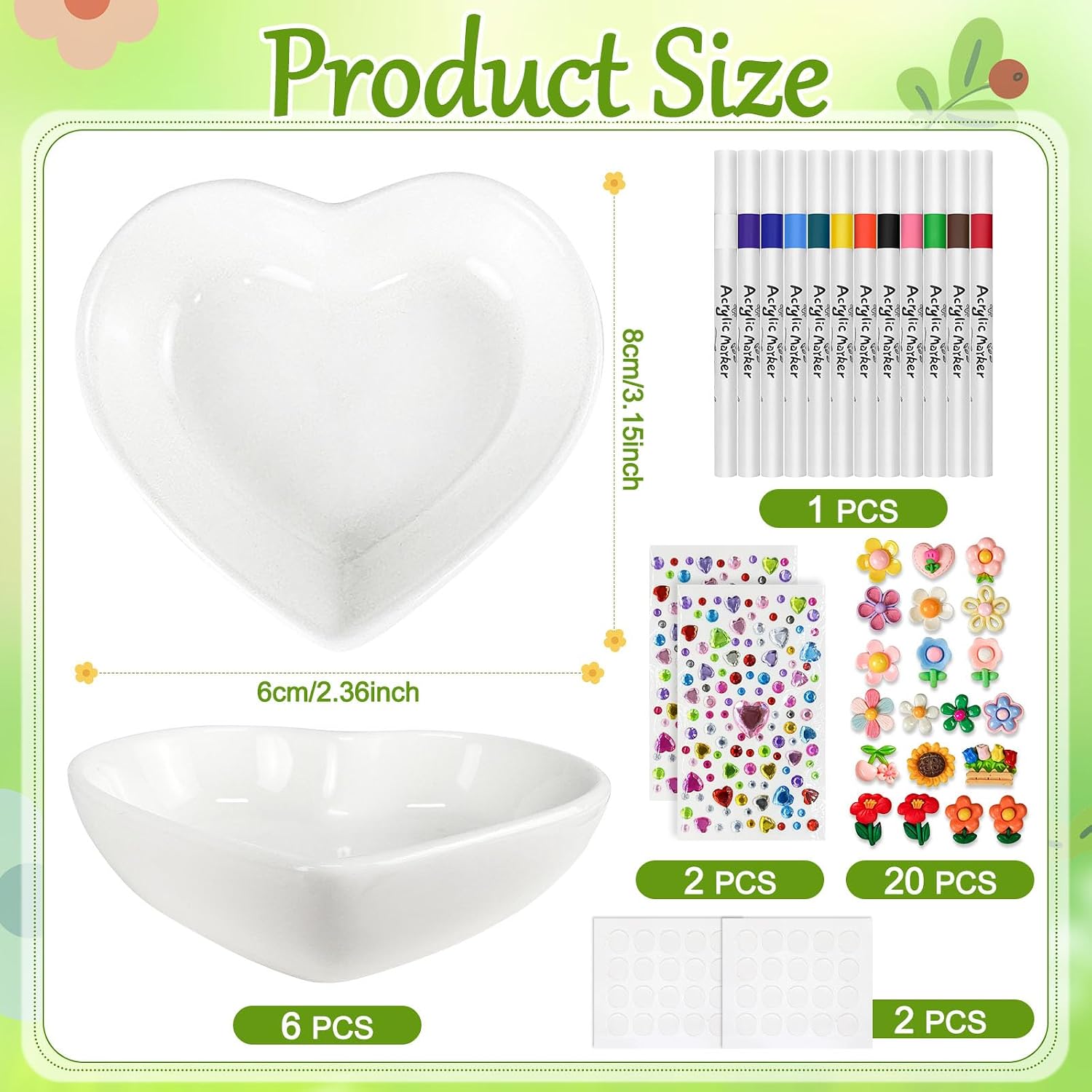Cinrobiye 6 Set Father’s Day DIY Ceramic Heart Jewelry Tray Craft Kit, Paint Your Own Trinket Dish with Markers & Stickers for Dad Gift, Kids Craft, Family Activity & Keepsake