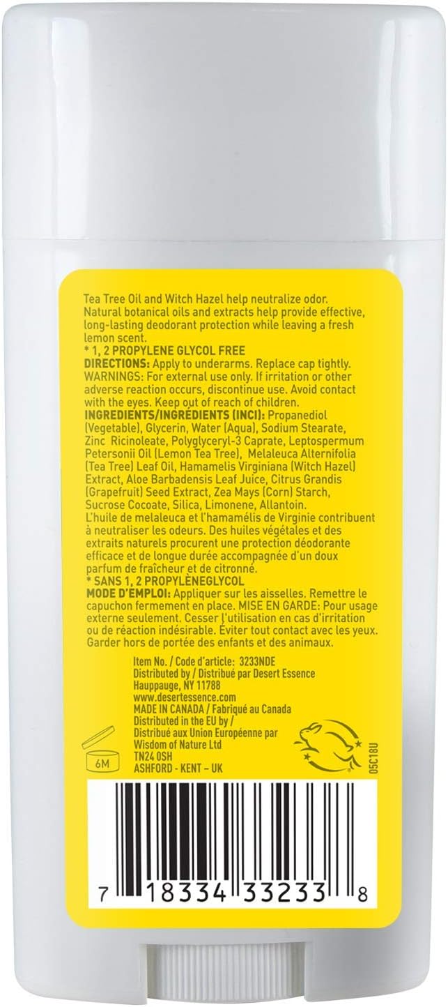 Desert Essence Lemon Tea Tree Deodorant - 2.5 Oz - Pack of 2 - Long Lasting Protection - Propylene Glycol & Aluminum Free - Witch Hazel - Botanical Oils - Neutralizes Odor - Citrus Scent