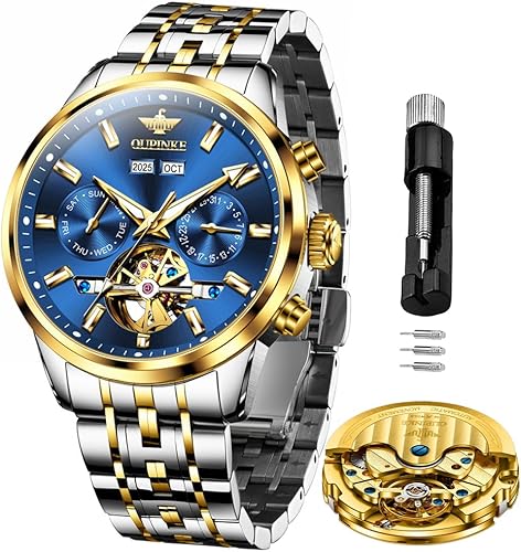 OLEVS Relojes automáticos para hombre, mecánico, de lujo, cuerda automática, multicalendario, acero inoxidable, impermeable, relojes de pulsera para