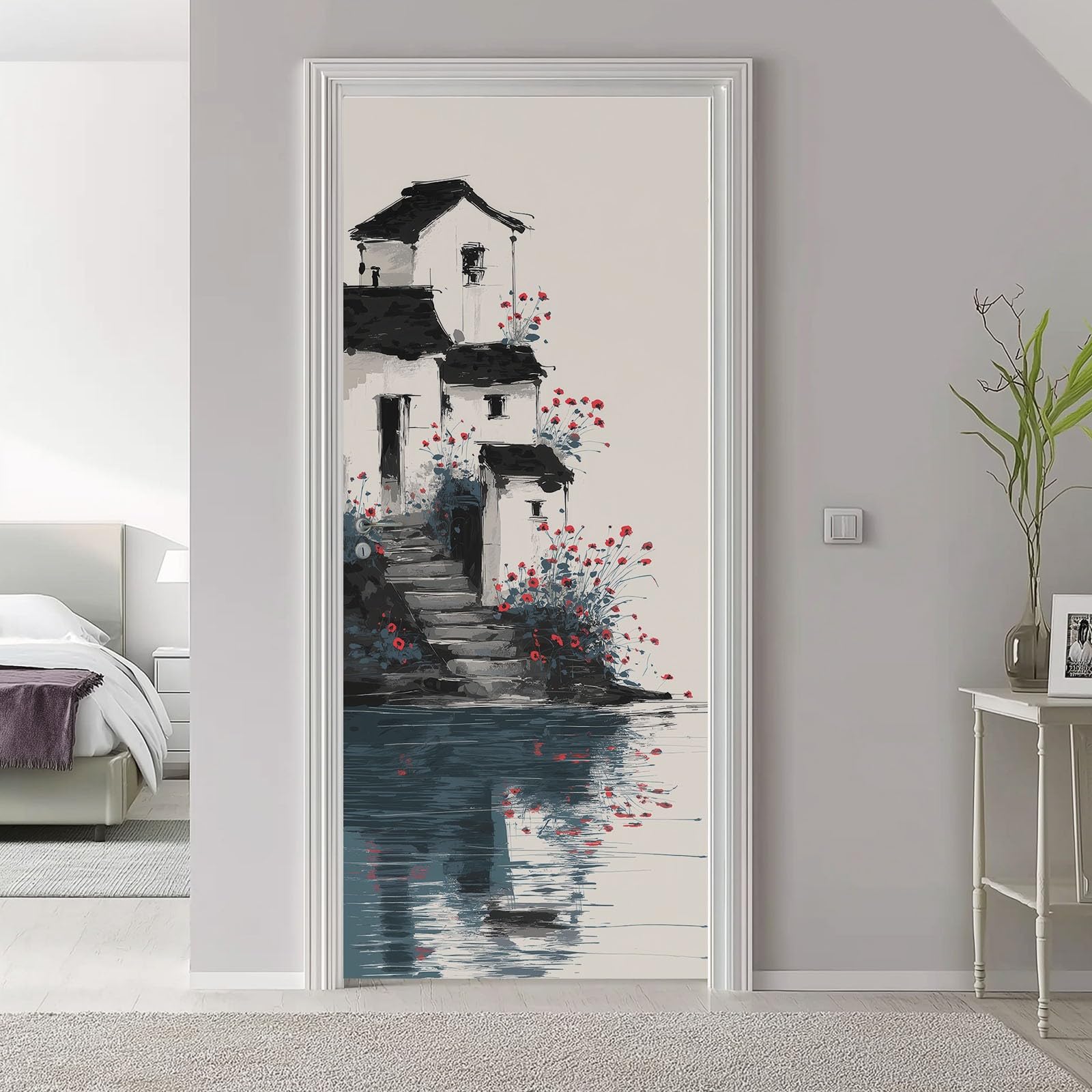 Naklejka na drzwi, samoprzylepna, 88 x 200 cm, naturalny plakat na drzwi, chińska architektura, krajobraz, trwała i wodoodporna, fototapeta, folia na drzwi, biała, 3D "zrób to sam", naklejka na drzwi