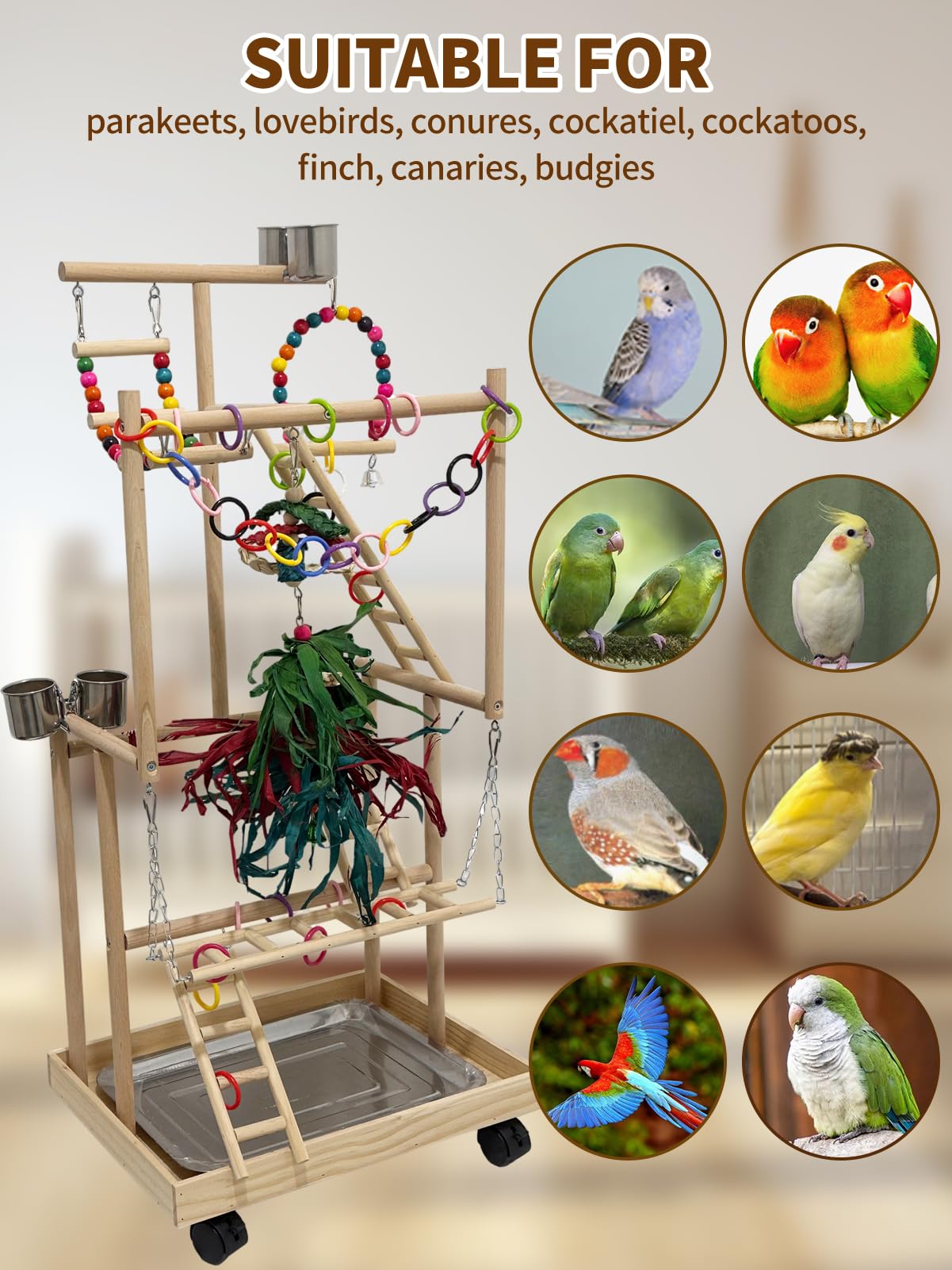Parque Infantil Grande de Madera de 4 Niveles con Ruedas, Soporte de Madera Natural para Loros, Soporte para pájaros con Escalera, Accesorios de Juguete para cacatúa, cacatúa, cuáquero