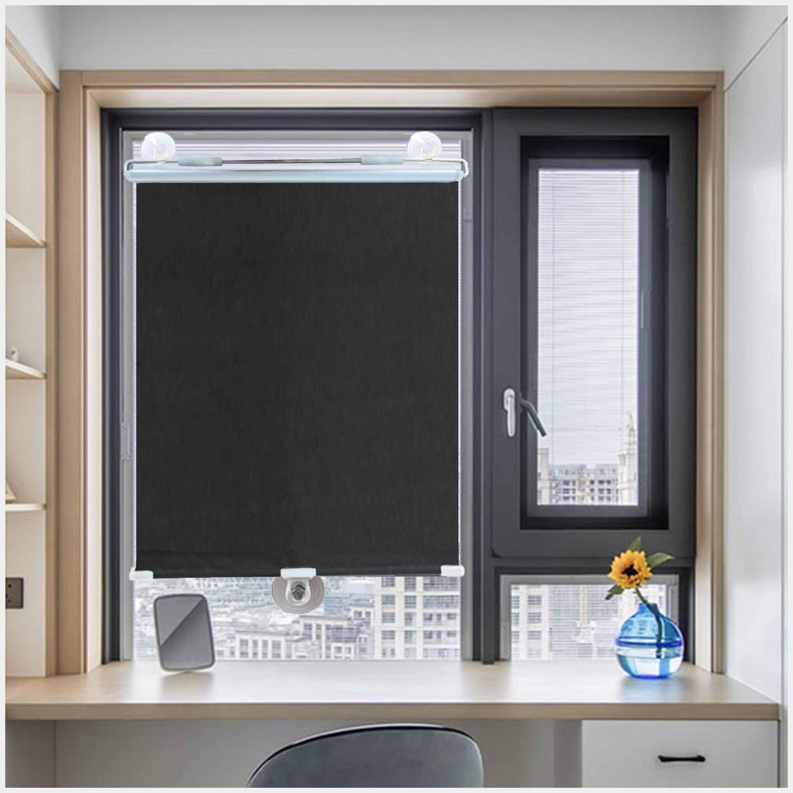 Store pare-soleil portable enroulable avec ventouses occultantes noires