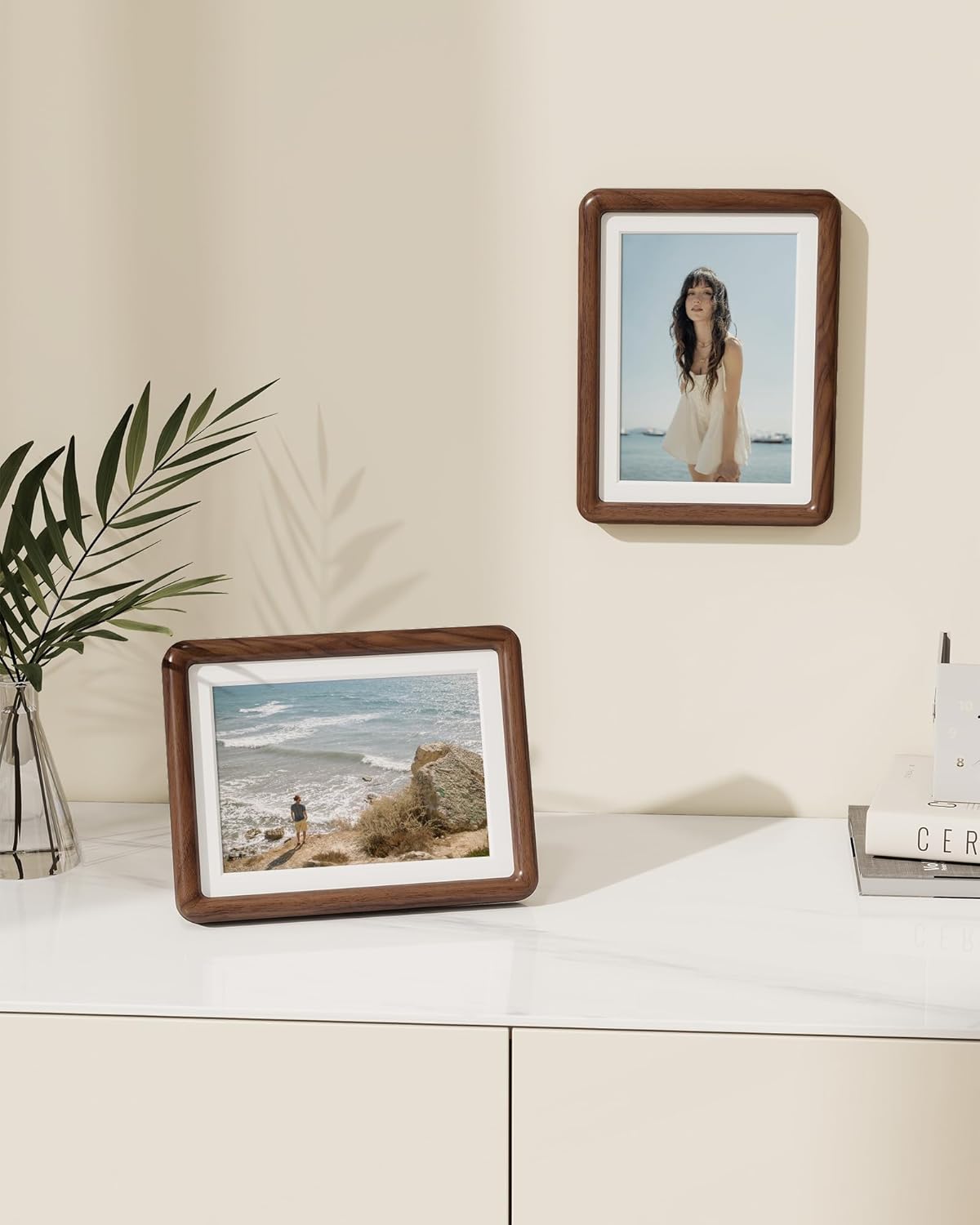 RICHFOCUS 6x8 Picture Frame Natural Solid Walnut Wood Rounded Corner Curved Photo Frame Double Tenon Reinforced with HD Tempered Glass, Display Photos 5x7 with Mat or 6x8 Without Mat