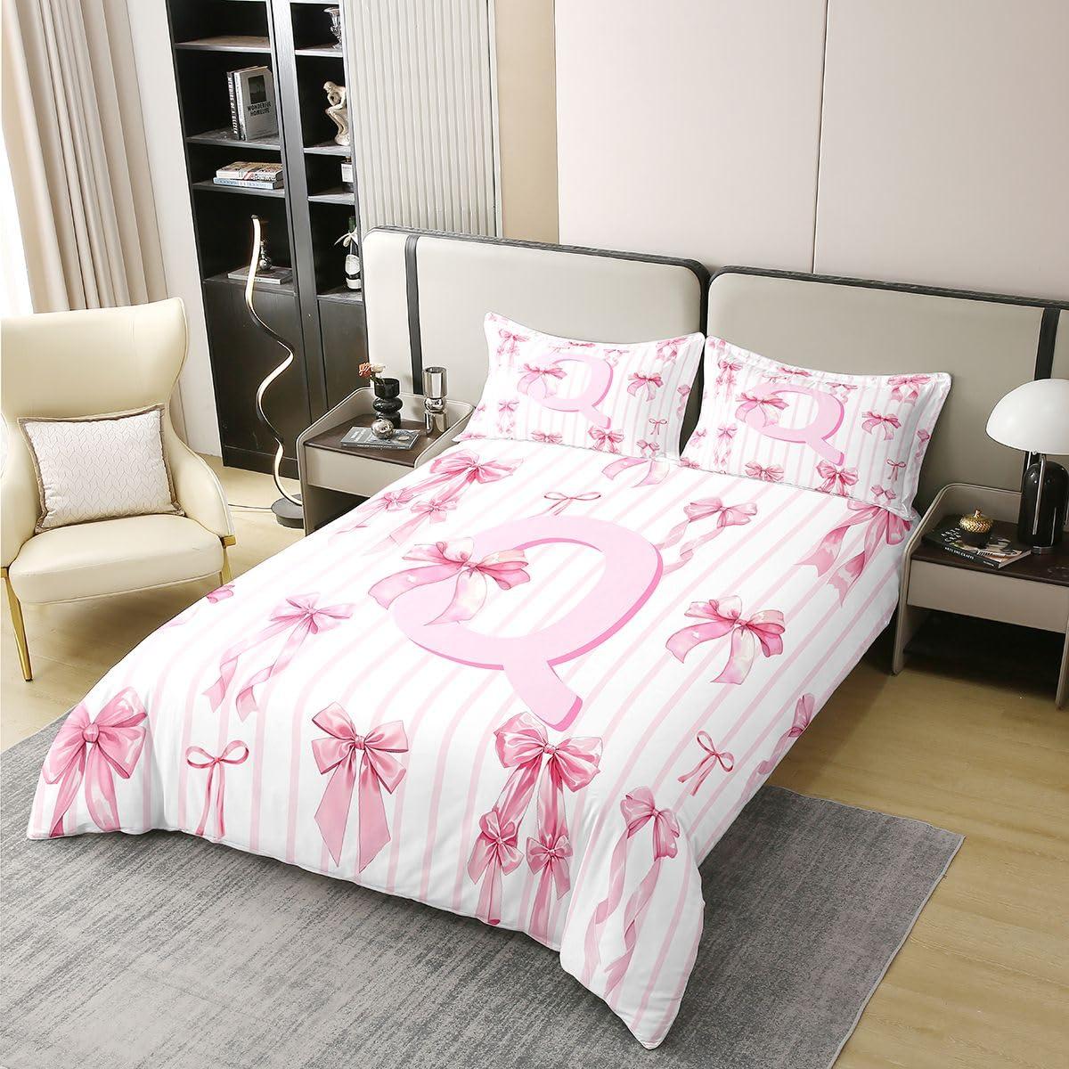 Homewish Różowa marzycielska kokarda podwójna pościel inicjał litera monogram bawełna poszewka na kołdrę zestaw uroczy kawaii kokarda poszewka na kołdrę romantyczna dziewczęca zestawy łóżek