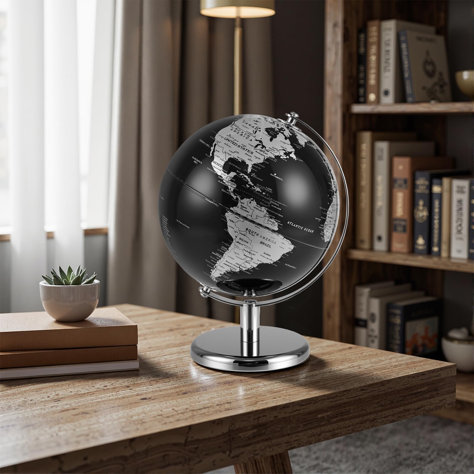 GOPLUS Globo Terráqueo Moderno Negro con Detalles Dorados/Plateados, Soporte Metálico, Base Antideslizante, Zona Horaria, Globo Terráqueo Decorativo de Mesa para el Hogar, la Oficina (Plata)