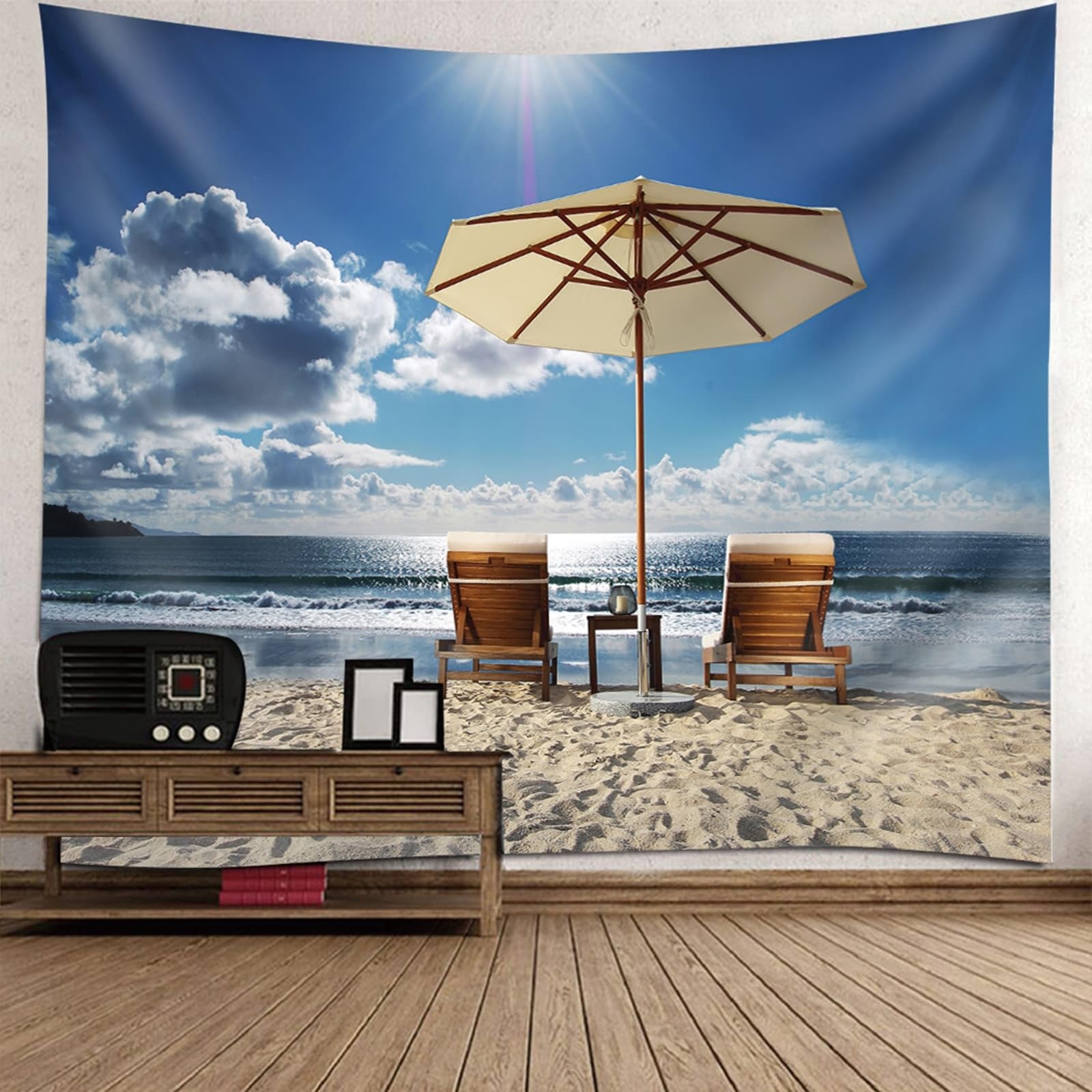 Lirzxin Telo Arazzo Parete, Arazzi da Parete Moderni Blu Beige Paesaggio di Sdraio da Spiaggia e Mare Tapestry Utilizzato in Camera da Letto, Soggiorno, Decorazione Murale, 260x240CM