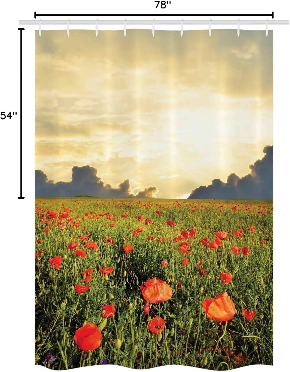Ambesonne Flower Stall Shower Curtain, Field with Grass and Poppy Blooms Against The Sunset Cloudy Sky View, Fabric Bathroom Decor Set with Hooks, 54" W x 78" L, Yellow Green Scarlet