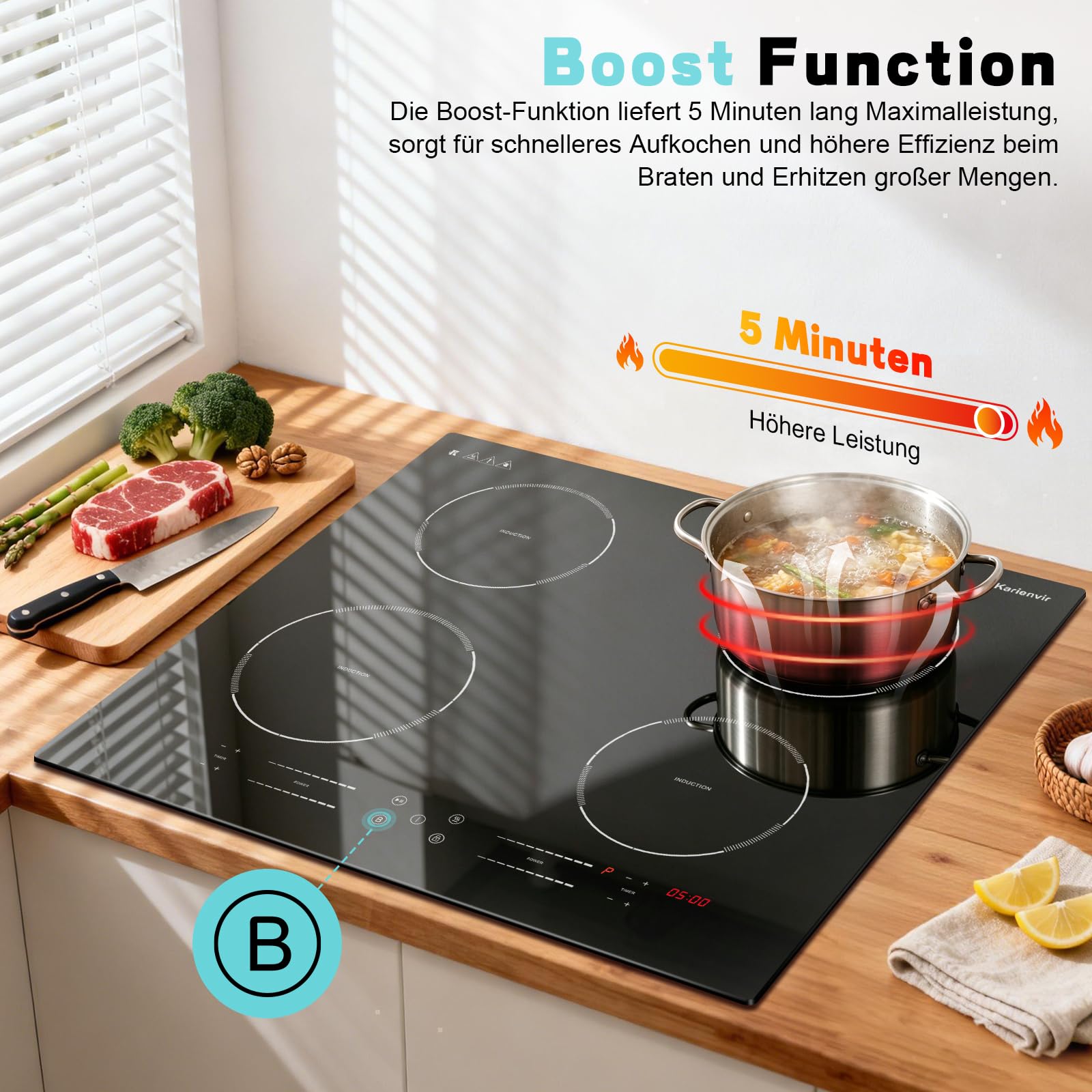 Induktionskochfeld 60cm Leistung Boost, Kochfeld Induktion 4 Platten, 7200W | 9 Leistungsstufen, Zonierte Touch-Bedienung, Timer 1-99 Min, Kindersicherung, Autarkes Einbau Induktionsherd