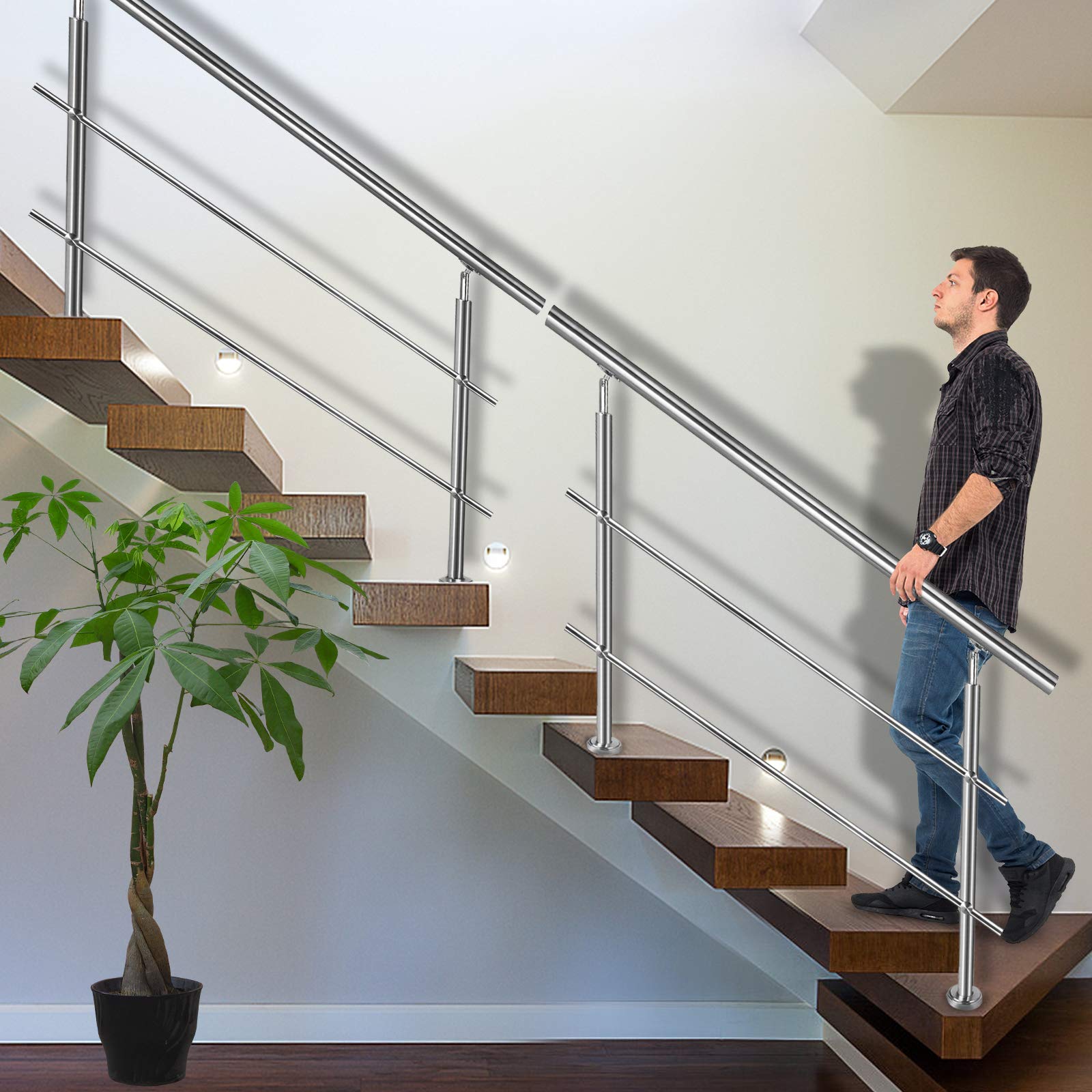 UISEBRT Barandilla para escaleras de acero inoxidable 160 cm, con 2 Travesaños Pasamanos para escaleras balcón