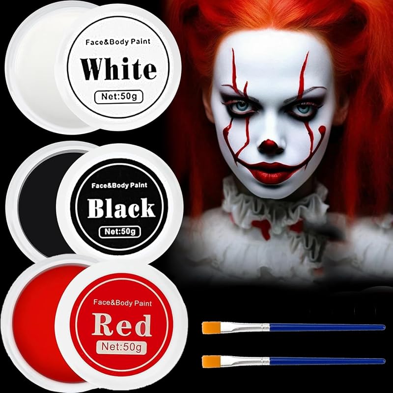 Sunshine smile 150g Arcfesték Készlet - Fekete, Fehér, Piros Testfesték Farsangra, Halloweenre - Színpadi Smink Ecsetekkel Gyerekeknek és Fe