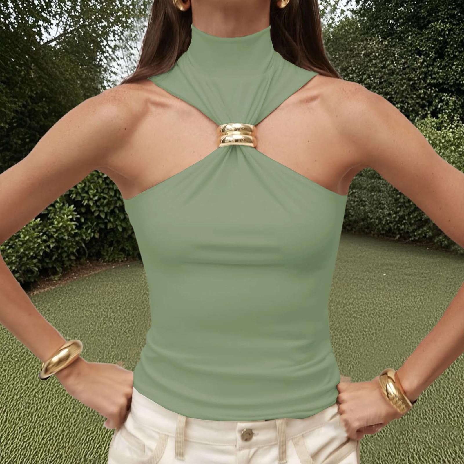 Sexy Outfit Top con Cuello Halter para Mujer, diseño de Anillo, Hombros Descubiertos, sin Mangas, Chaleco Ajustado para Salir, Camisetas sin Mangas, Ropa estética