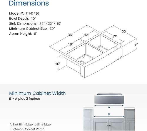 Miniatura 7 de KIBI Fregadero con estación de trabajo de cocina de doble tazón de 36 pulgadas, fregadero frontal de acero inoxidable duradero con cuencos profundos