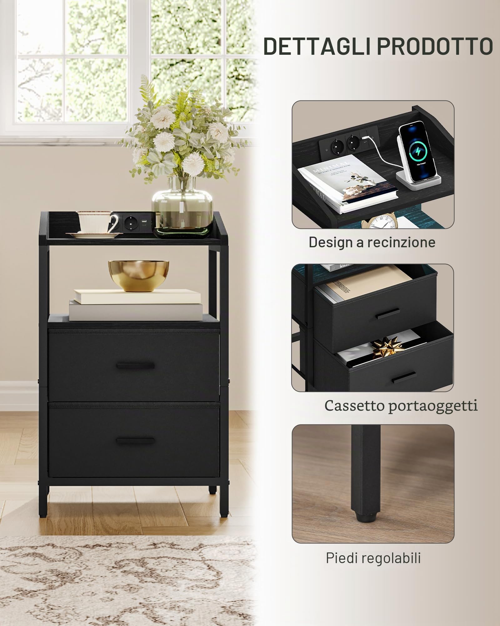 Hzuaneri Comodini con Luci LED e Stazione di Ricarica, Tavolino Moderno con Porte USB e Prese di Corrente, Comodini con Ripiano Aperto per Camera da Letto, Soggiorno, Nero NS36104B