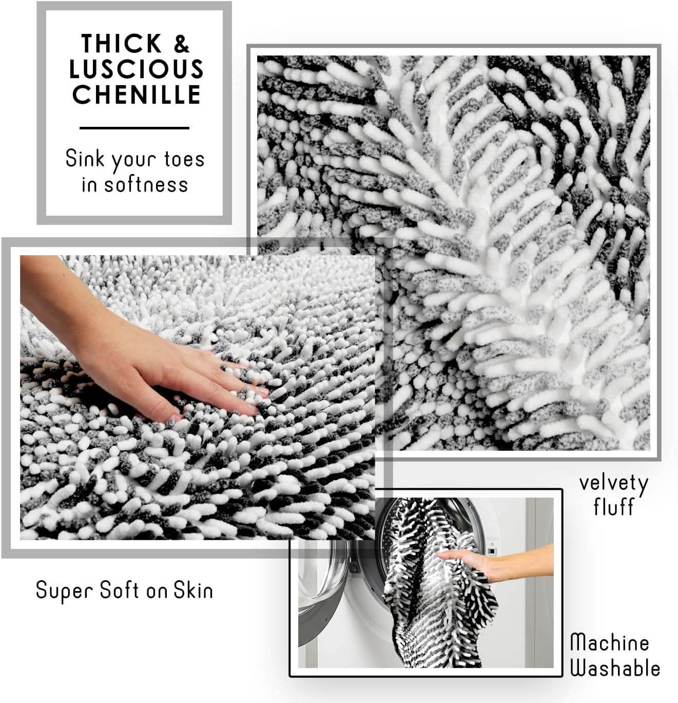 Hearth & Harbor Bathroom Rugs, Chenille Bath Mat - Machine Washable Bath Mats for Bathroom Non-Slip Backing Rubber, Quick Dry Bathroom Mat, 17 x 24 + 20 x 32 - Ombre Black