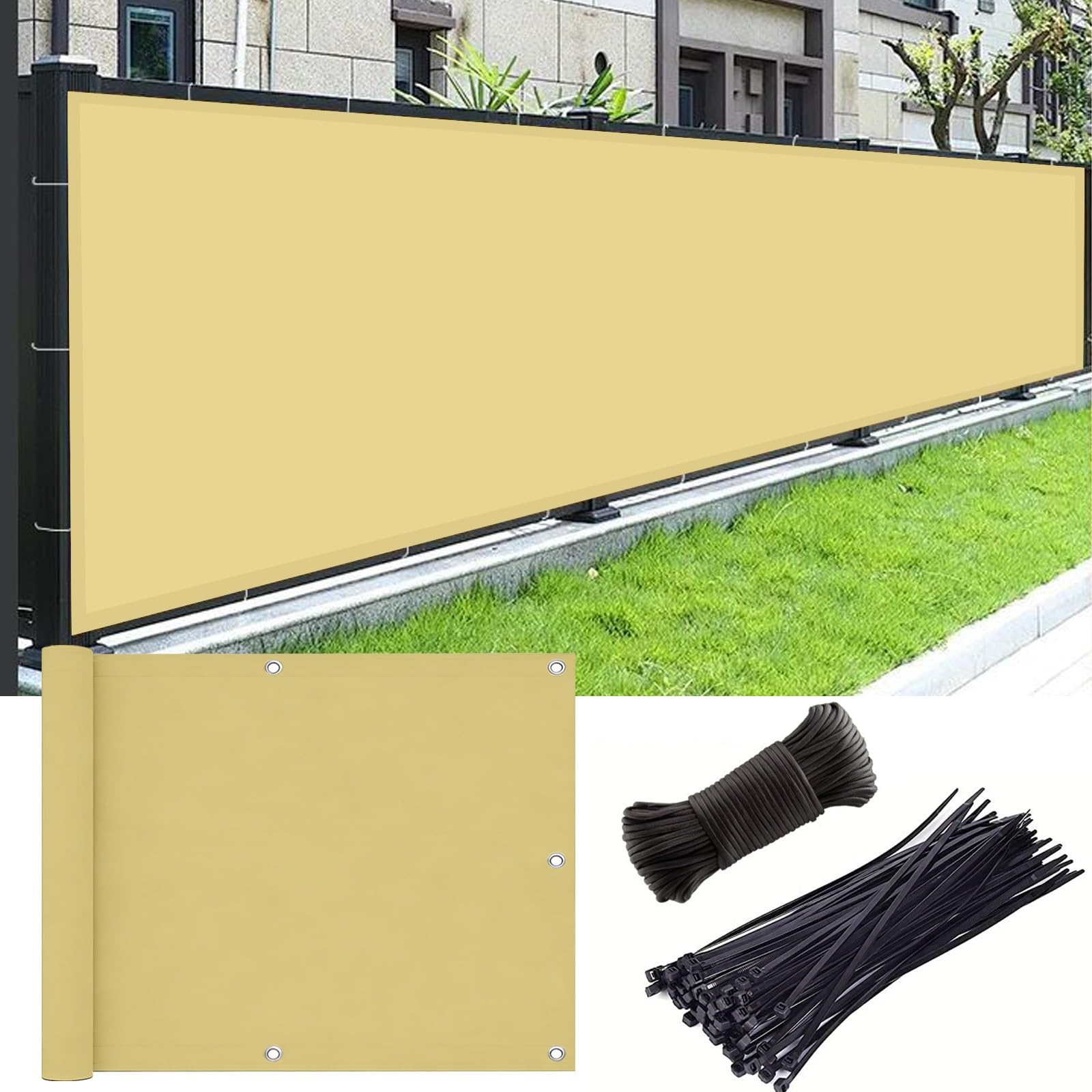 Pantalla de privacidad para balcón impermeable, protección solar y cortavientos color arena