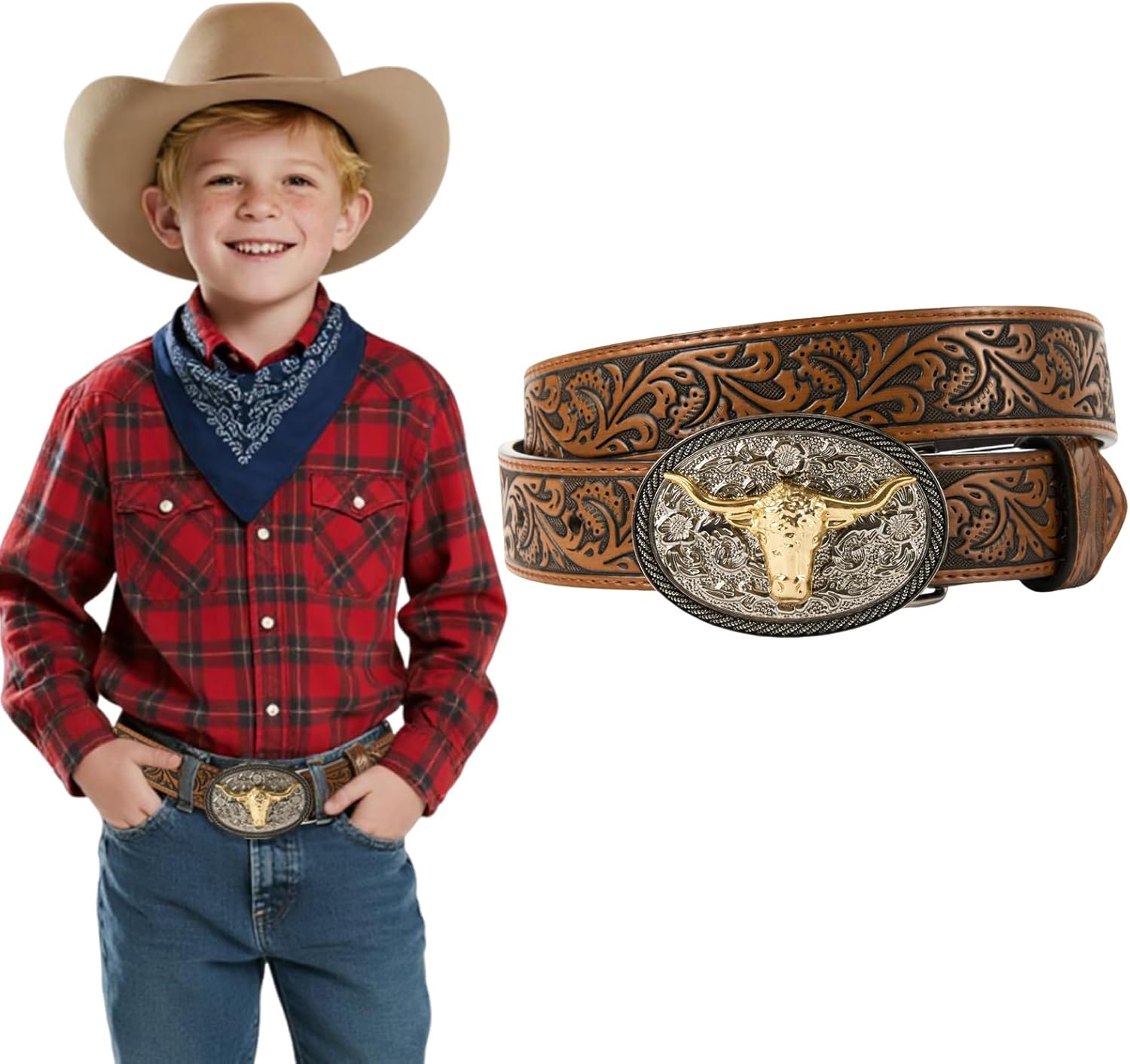 Kids Western Cowboy Belt for Boys Girls–Adjustable Embossed Leather Belt with Longhorn Bull Buckle