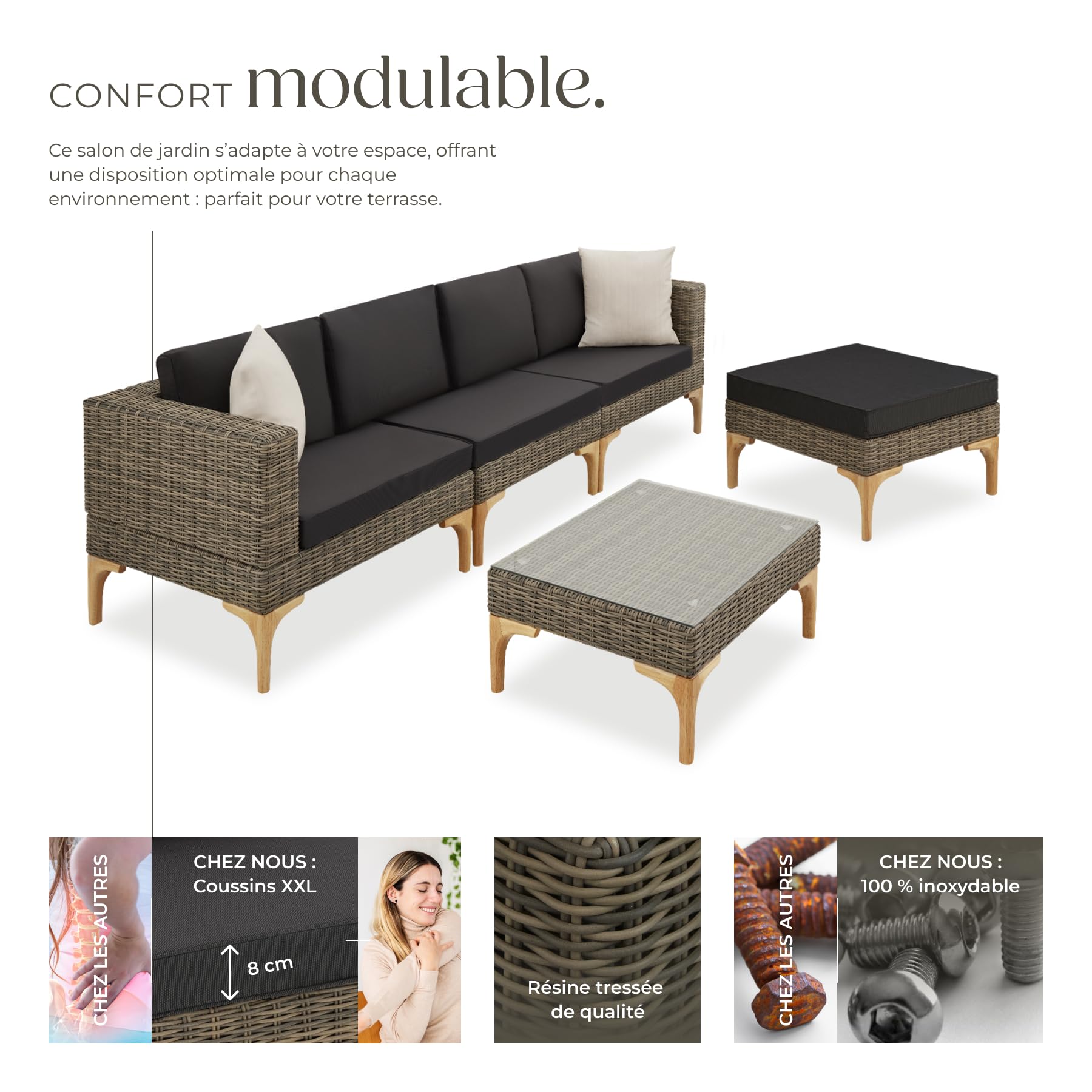 tectake® Ensemble Salon de Jardin Exterieur en Poly Rotin Modulable Bain de Soleil 4 Places 1 Canapé 1 Tabouret Pouf et 1 Table de Jardin, Mobilier de Jardin pour Amenagement Balcon Terrasse Veranda