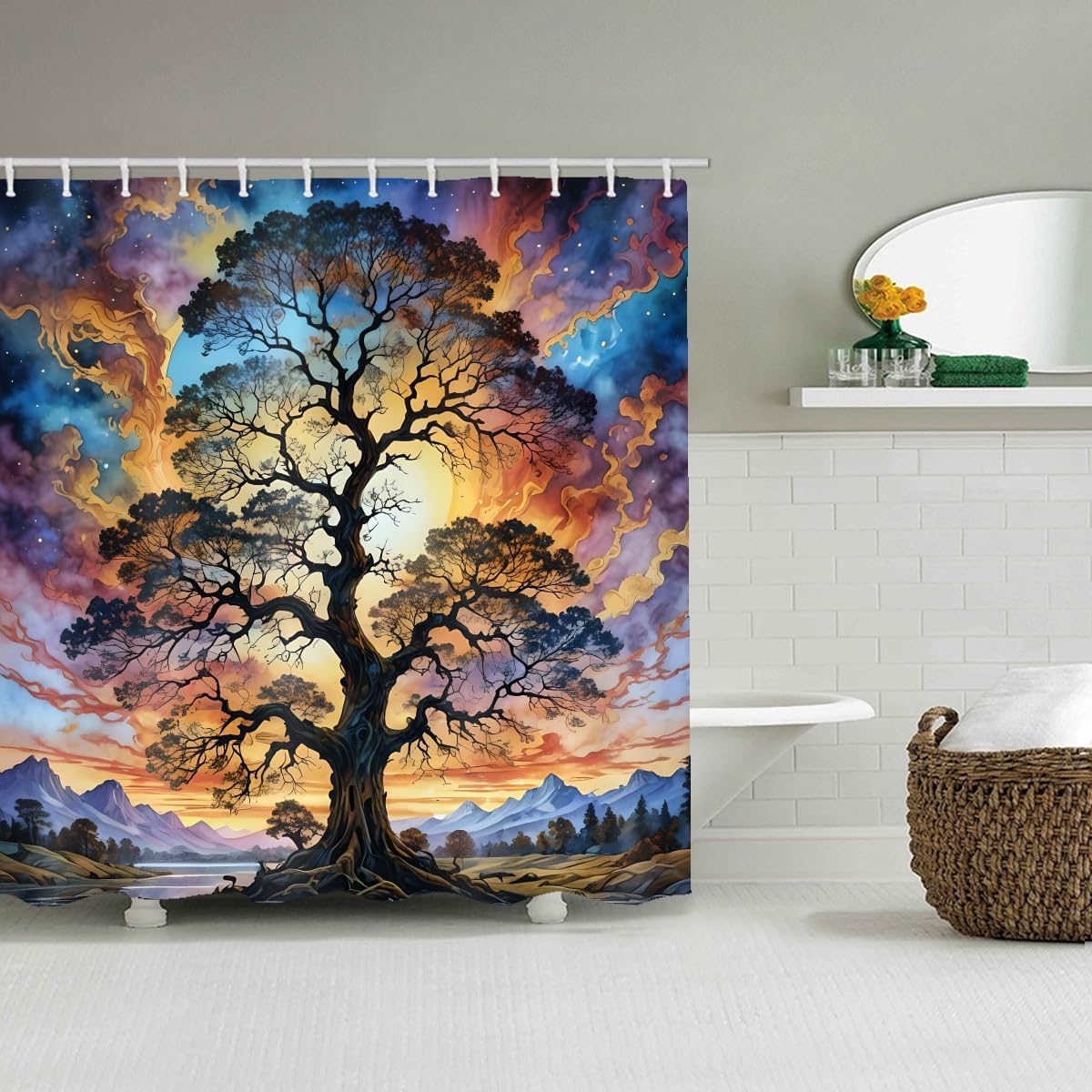 LYFANS Shower Curtains Life Tree Theme, Colorful Bright Sky Brings A Unique Artistic Atmosphere to The Bathroom, 72x79 Inch Fabric Shower Curtain with 12 Hooks.