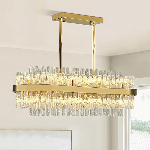 Siljoy Candelabro rectangular de cristal de 16 luces para comedor, moderna lámpara colgante de cristal dorado K9, lámpara de techo contemporánea