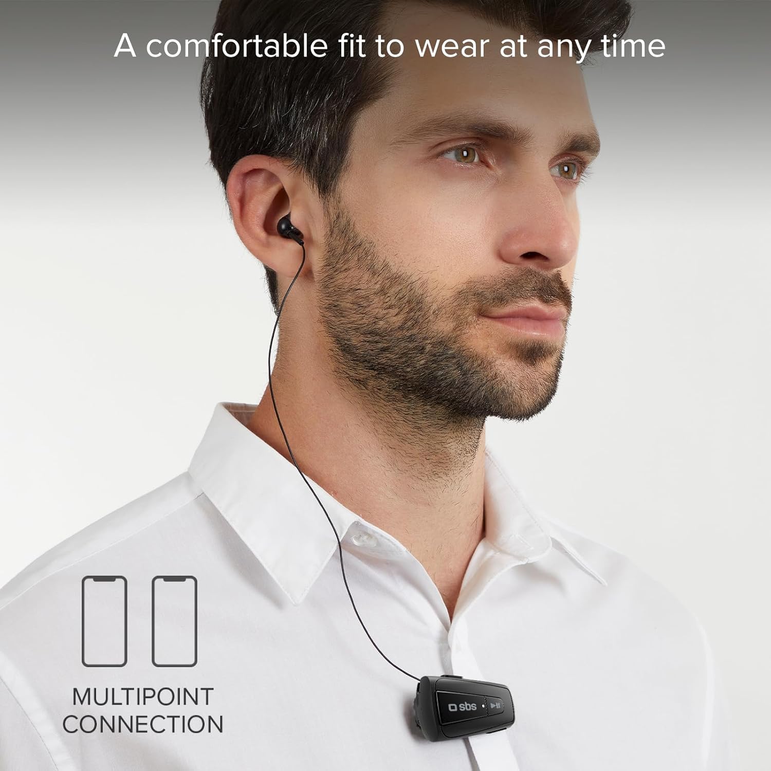Man wearing SBS Bluetooth Earphone with multipoint connection illustration