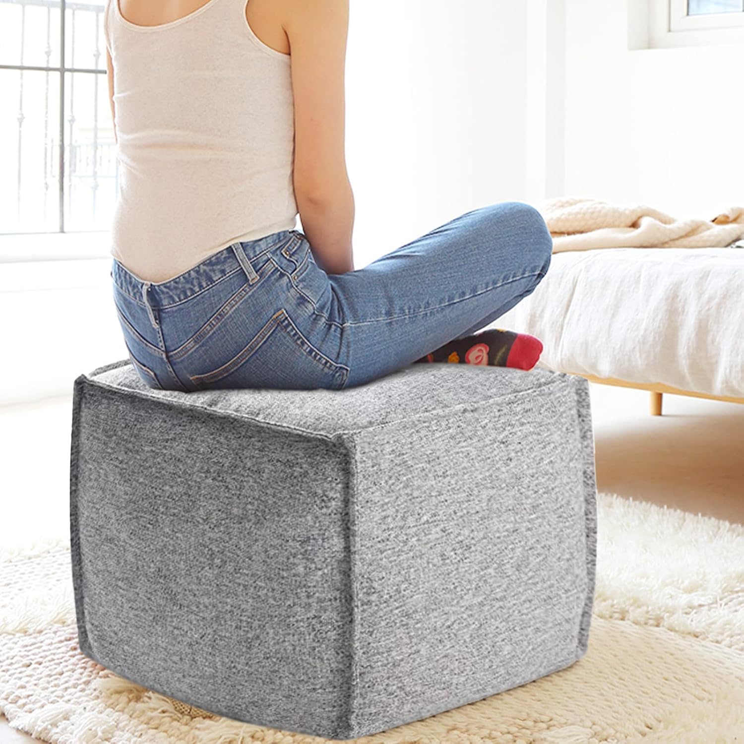 idee-home Unstuffed Pouf Cover, Storage Bean Bag Cubes, Ottoman Pouf Foot Rest Footstool, Solid Square Pouf, 17.7"x17.7"x15.7", ONLY Cover