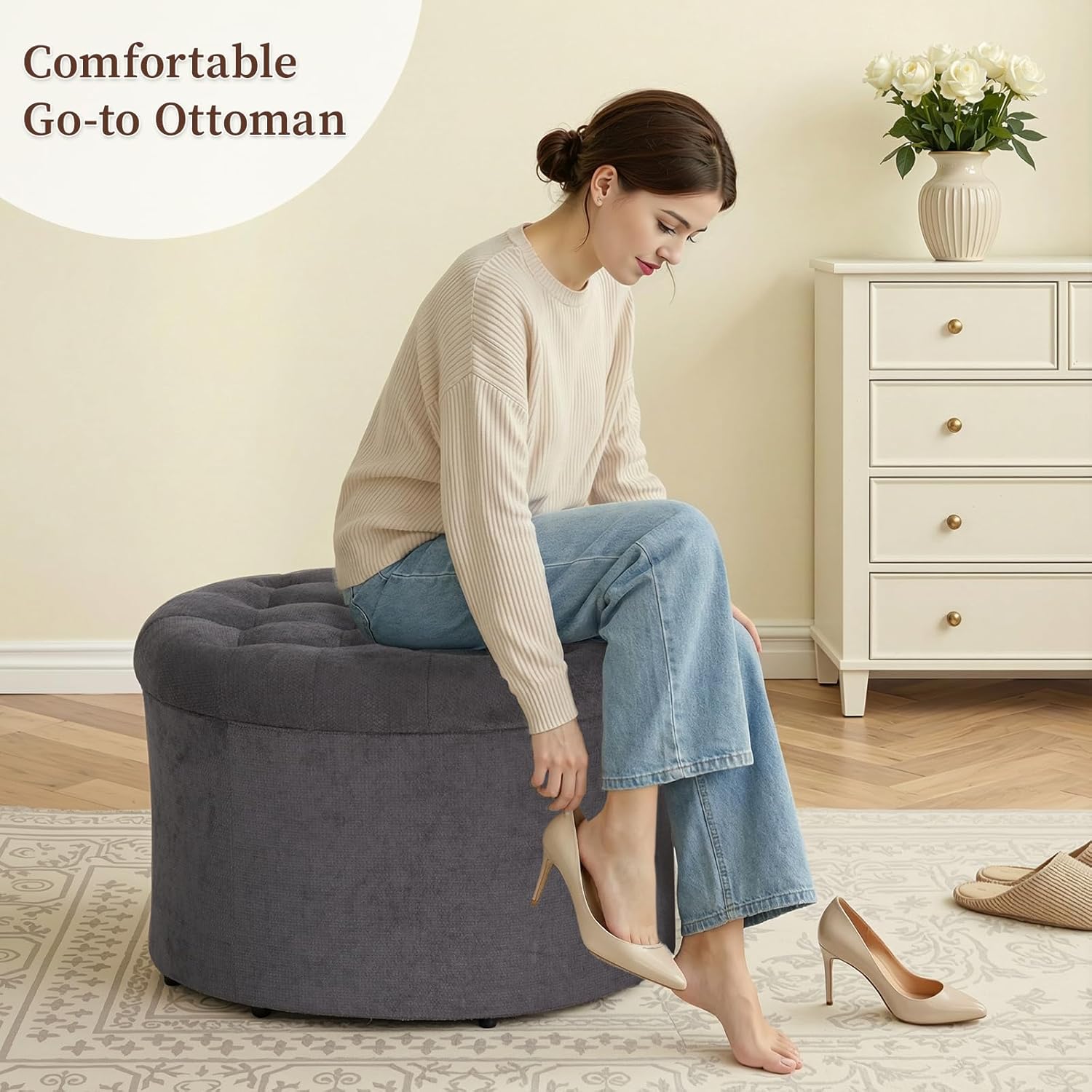 ONBRILL 25" Ottoman with Storage, Round Pouf Ottoman Foot Rest, Small Storage Foot Stool for Couch Bedroom Living Room, Books, Blankets & Kid's Toy Box, Load up to 220 lbs, Grey