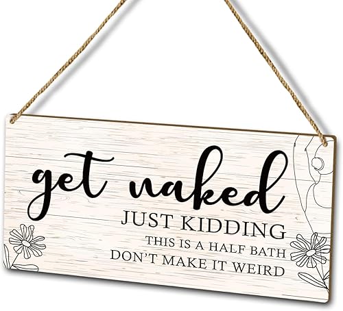 Letrero colgante de madera con diseño de flores para colgar en la pared, diseño de medio baño con texto en inglés Get Naked, para el hogar u disponible en Yaxa Peru