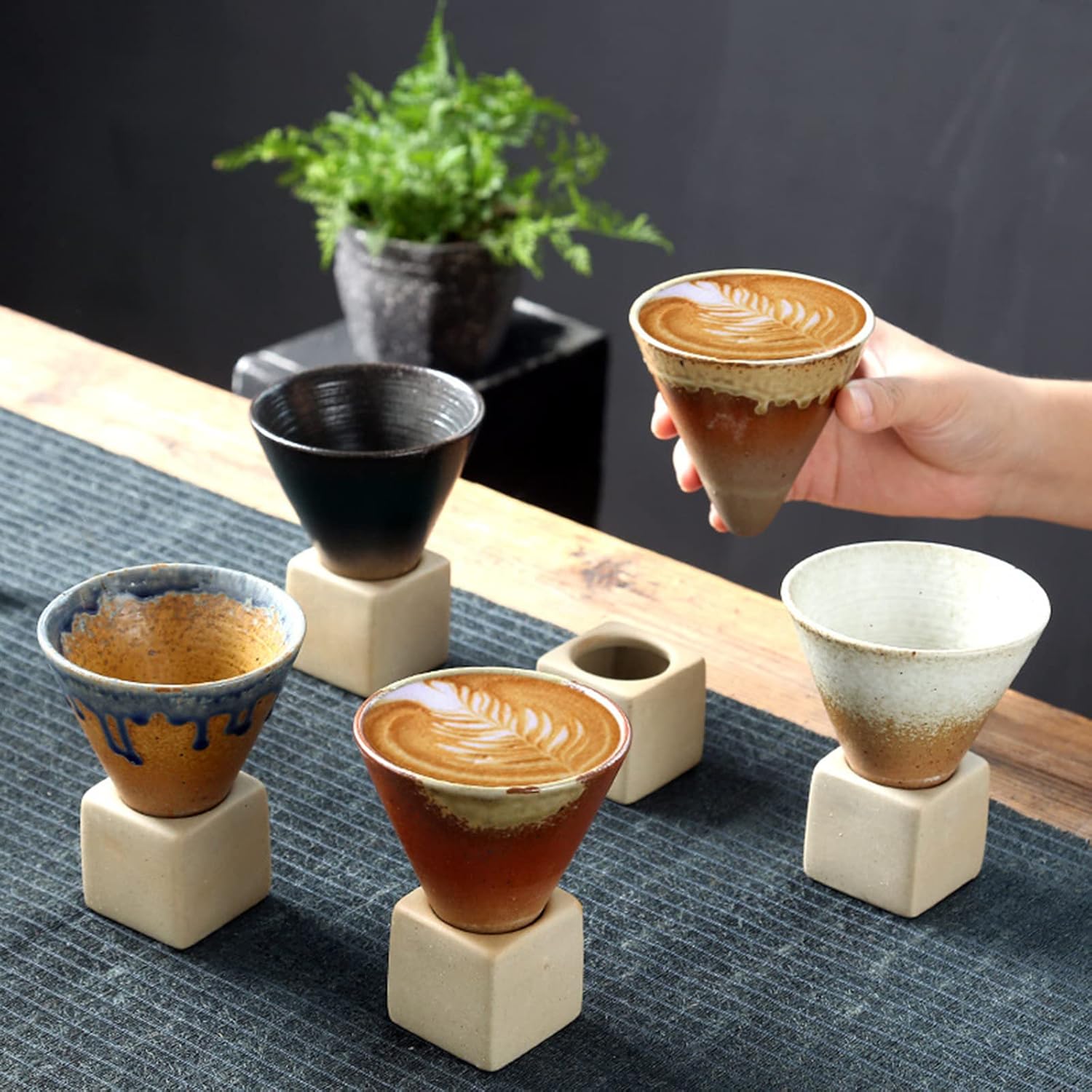 2PCS Coarse Pottery Coffee Mug with Base, 7oz/200ml Creative Triangular Cone Shape Porcelain Mug Funnel Coffee Mug, Vintage Ceramic Personal Tea Cup for Coffee Tea Latte