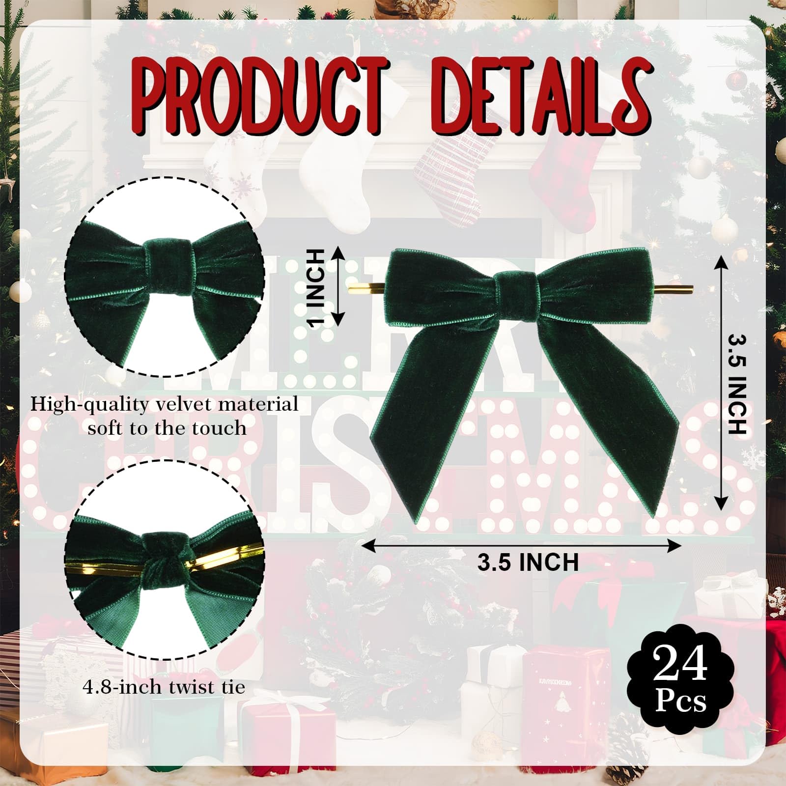 24 lazos de Navidad de terciopelo verde para árbol de Navidad y corona, 3.5 x 3.5 pulgadas, lazos de cinta de nailon de alta calidad con lazo de alambre giratorio, decoración de boda