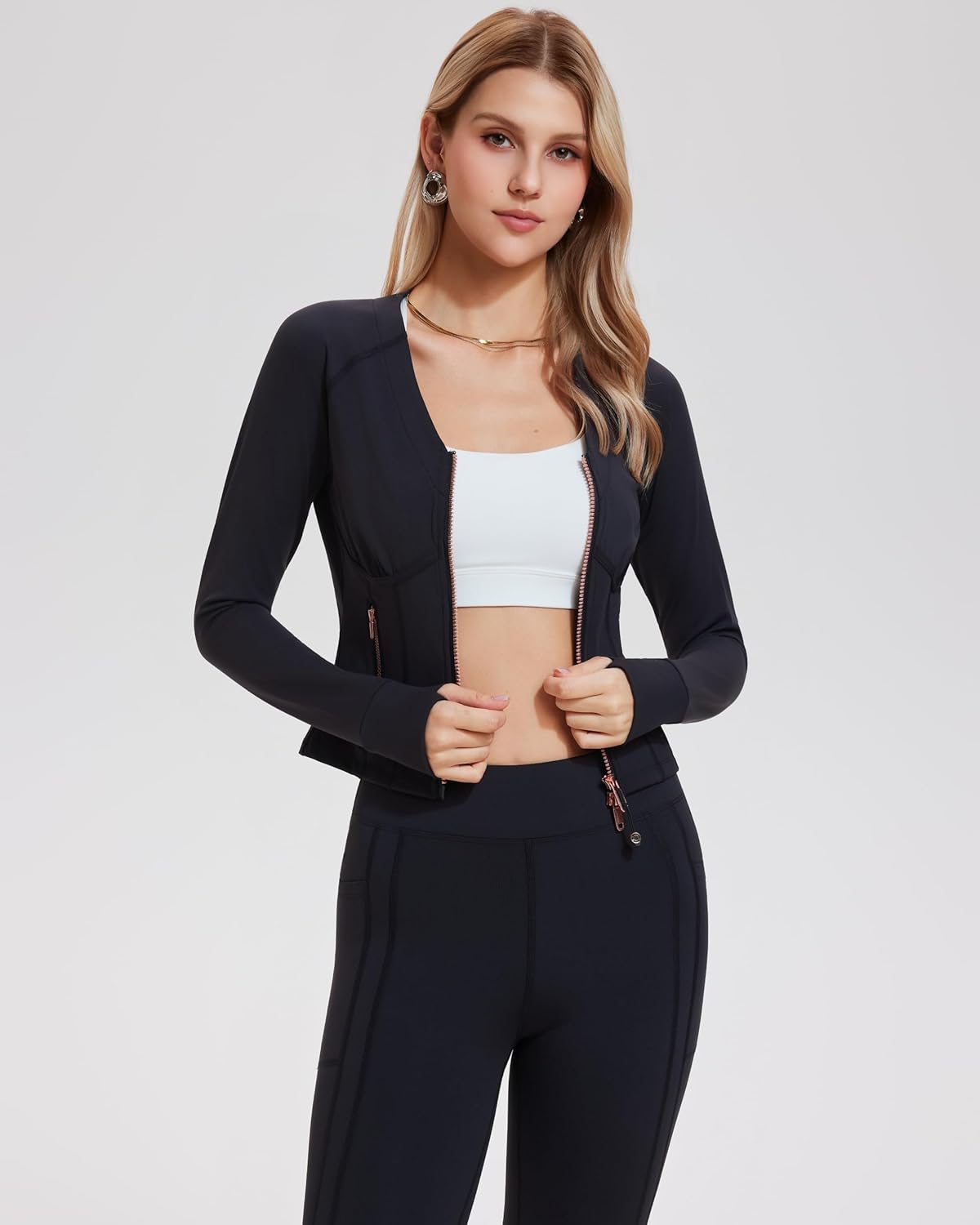 Mudere Women 2 Piece Workout Sets Long Sleeve Zip Up Jacket High Waisted Gym Leggings Yoga Outfit - Image 3