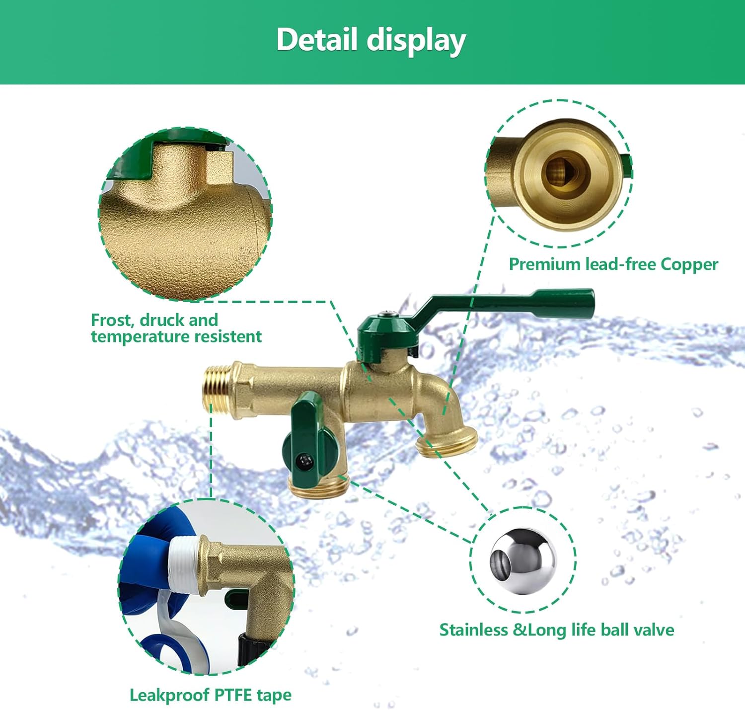 Outdoor Faucet Double Outlet, 1/2 Inch Male Inlet NPT Thread,Wall Mounted Lead-Free Brass Tap with Dual 3/4 inch Outlet,2 Way Splitter,Ball Valves Spigot,for Garden Hose Connector
