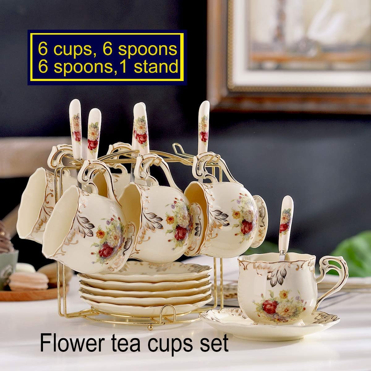 YOLIFE 8 OZ Flowering Shrubs Tea Cups and Saucers Set of 6, Ivory Ceramic Floral Teacups Set, Coffee Cups with Golden Rack - Image 2