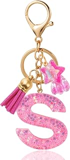 ANHBKAR Pink Resin Alphabet Initial Letter S Keychain with Star Pendant and Tassel - Cute Bag Charm for Women and Girls (S Pink)