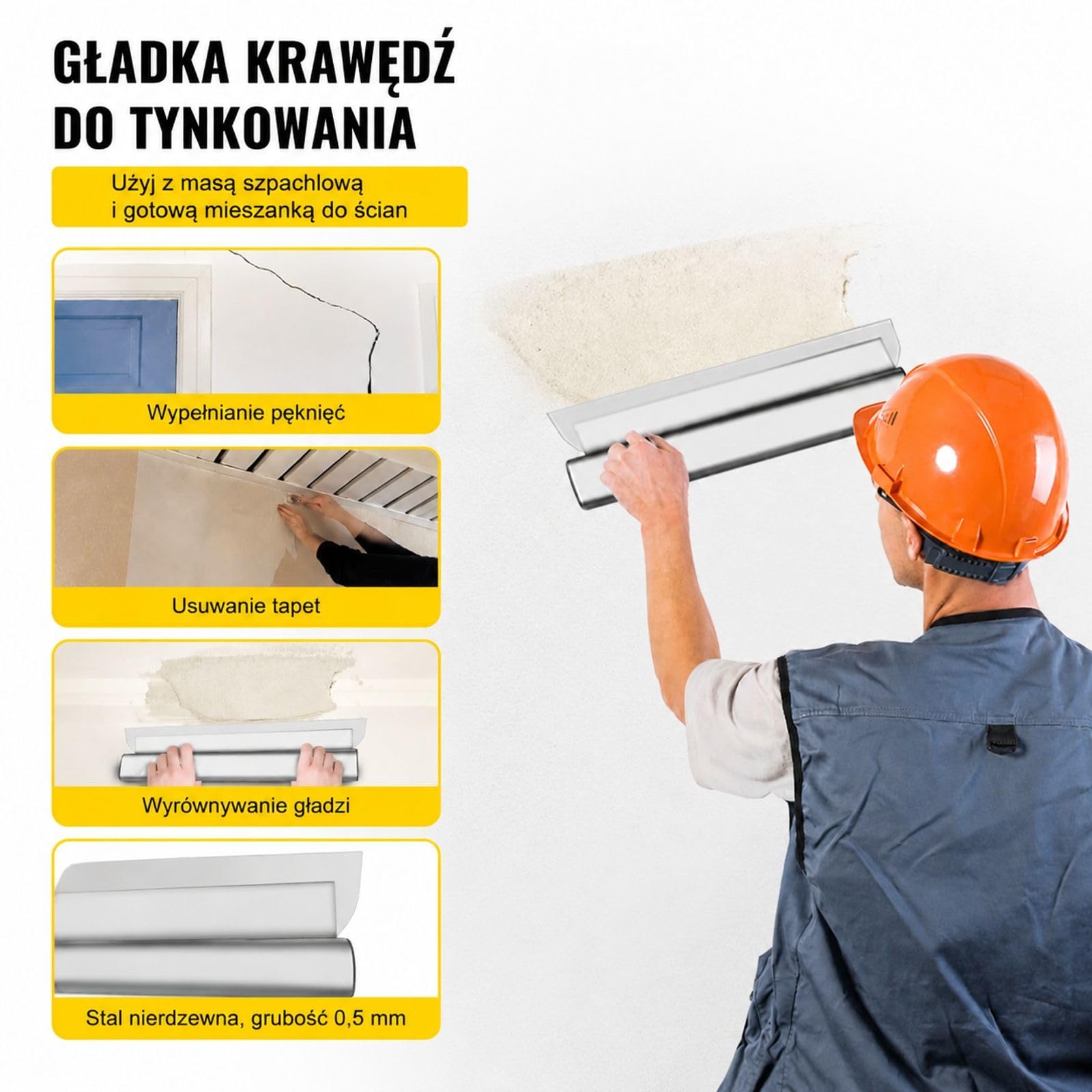 Szpachla do gładzi z ostrzem ze stali nierdzewnej, aluminiowym uchwytem i zaślepkami do ścian