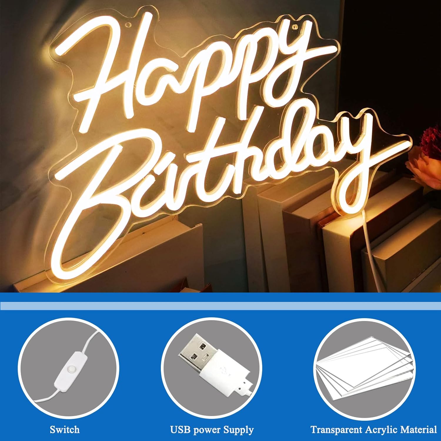 Happy Birthday Neon Sign For Wall Decor LED Neon Light Sign For Birthday Party Decoration Art Wall Lights First Happy Birthday Sign Backdrop Light Up Sign Kids Gift Rainbow Color Led Neon Sign For All Age Birthday Partys Gift(happy birthday)