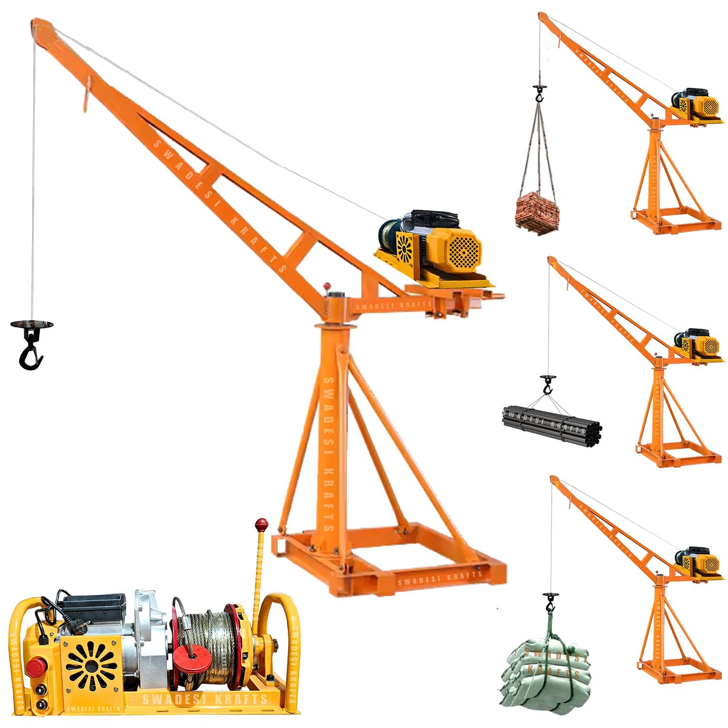 SWADESI KRAFTS Electric Mini Lifting Crane with 5HP Single Phase Electric Motor 8mm Wire | 50 Meter Wire Length | 53-55kg ...