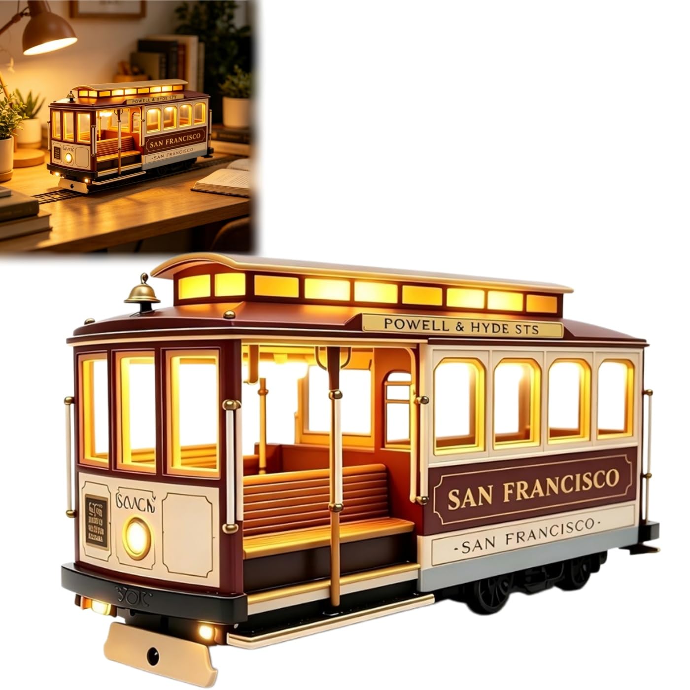 San Francisco Cable Car Lamp, Vintage Miniature Streetcar Night Light with Warm Ambient Glow, Iconic City Souvenir Decor for Home,Office,Bedside, Gifts for Travel Lovers,Friends