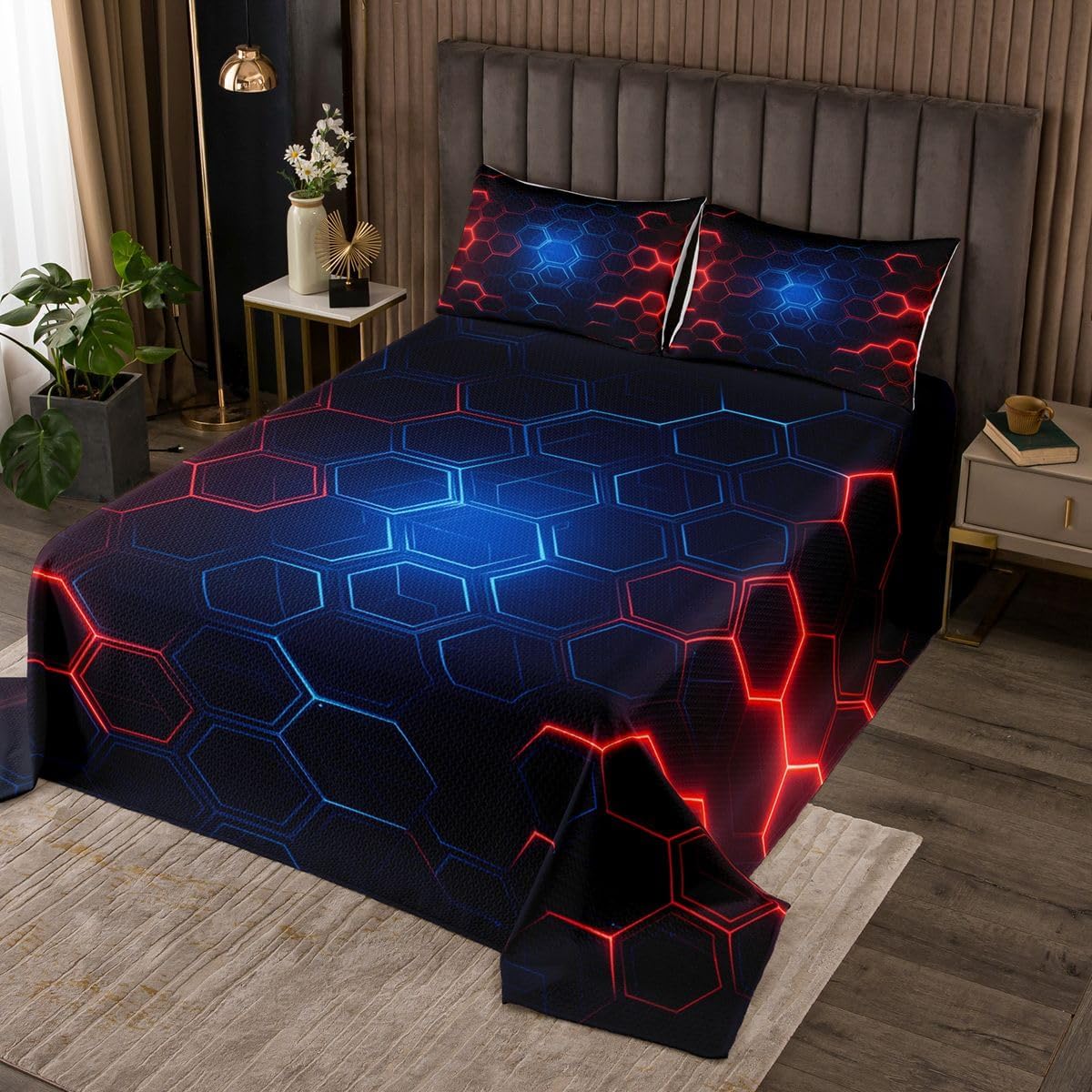 jejeloiu Honeycomb Bedspread Quilts Lighting Hexagonal Coverlet Set Queen Size for Kids Boys Girls Geometric Quilted Coverlet for All Season with 2 Pillowcases Beehive Microfiber