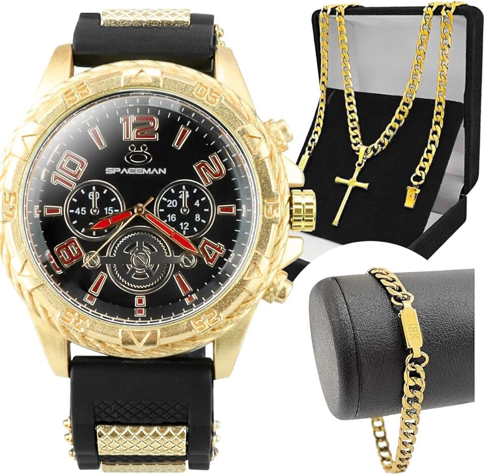Relógio Masculino Dourado Analógico com Pulseira de Silicone Grande + Cordão Banhado a 18k + Pulseira Corrente Amassada