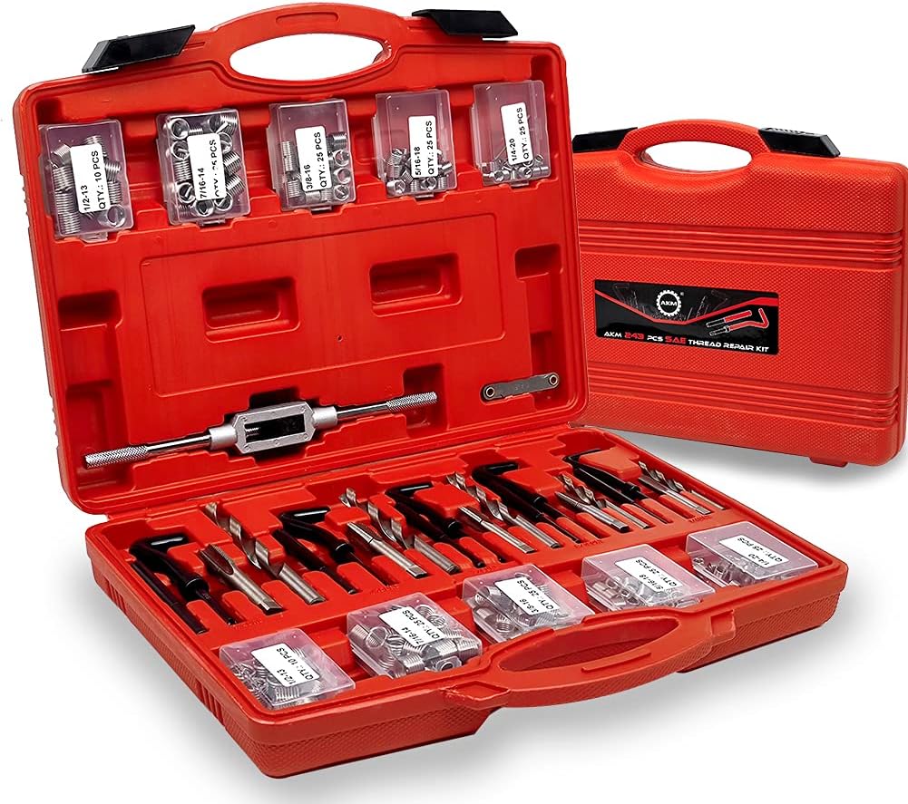 AKM 243Pc Thread Repair Kit, HSS Drill Helicoil Repair Kit SAE with Adjustable Die Wrench and Thread Gauge，1/4" 5/16" 3/8" 7/16" 1/2" Kit