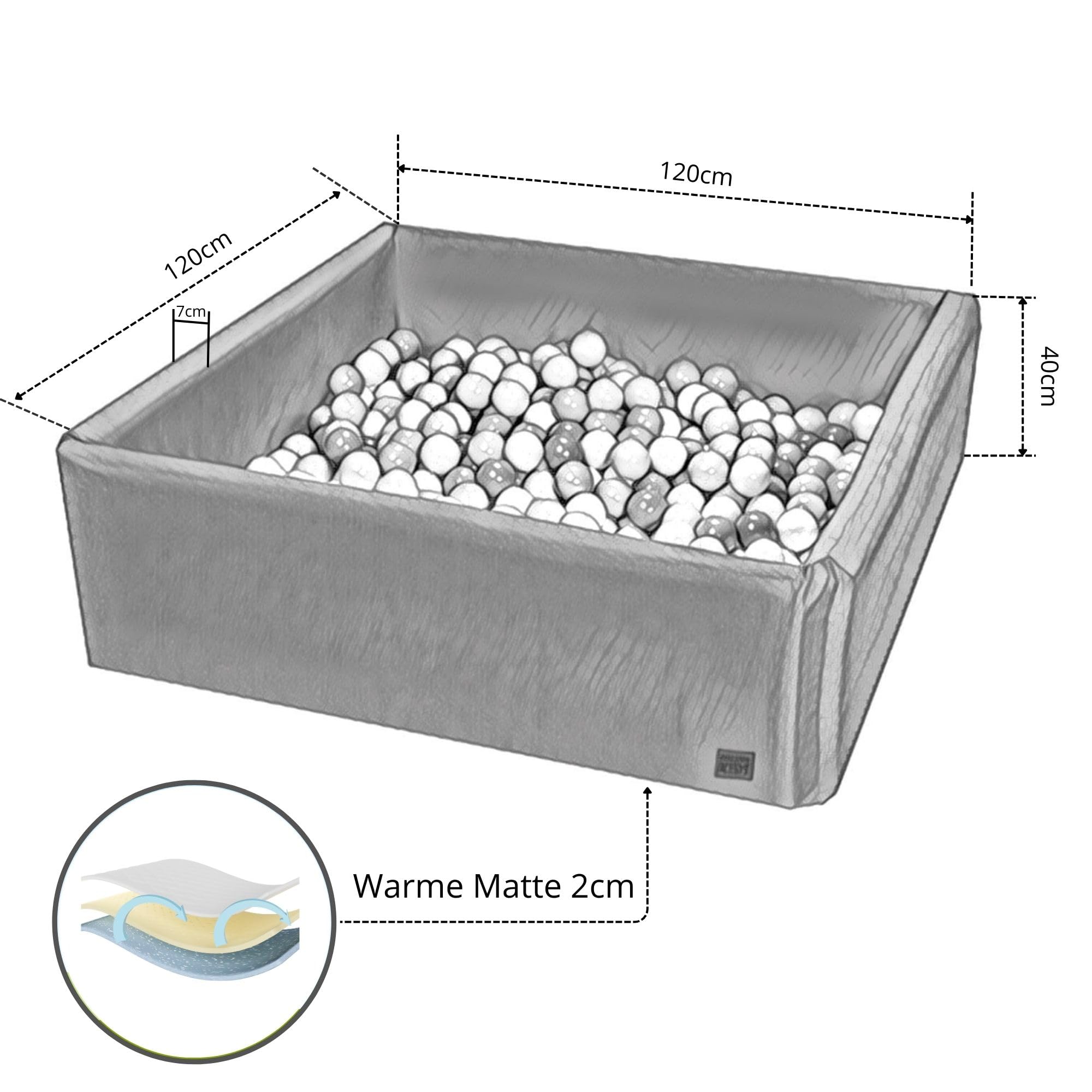 GoldenGroup Bagno per palline per bambini, 120 x 120 cm, giocattolo sensoriale, piscina per interni, parco giochi quadrato in gommapiuma, bagno per palle per bambini, bagno senza palline, colore: