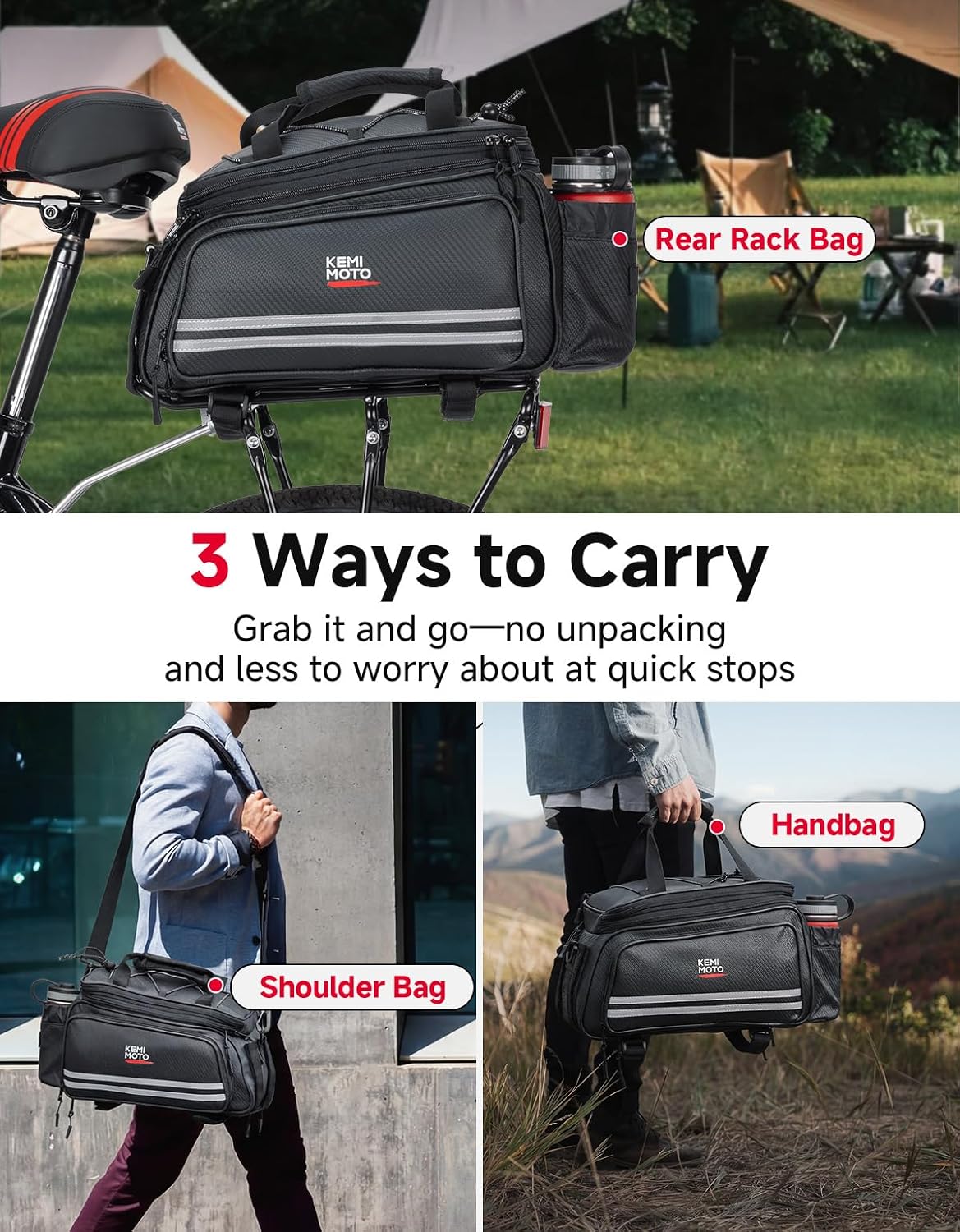 KEMIMOTO Bike Bag Rear Rack Expandable 20L Bicycle Pannier Carbon Fiber image 3